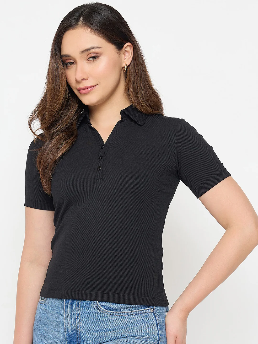 Madame Black Solid Polo T-Shirt - Image 5