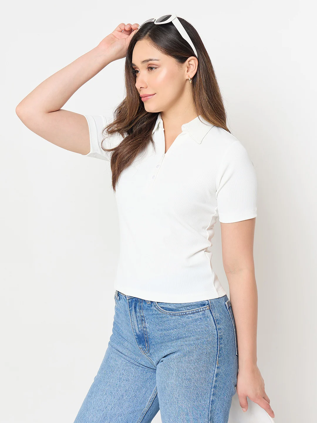 Madame White Solid Polo T-Shirt - Image 2