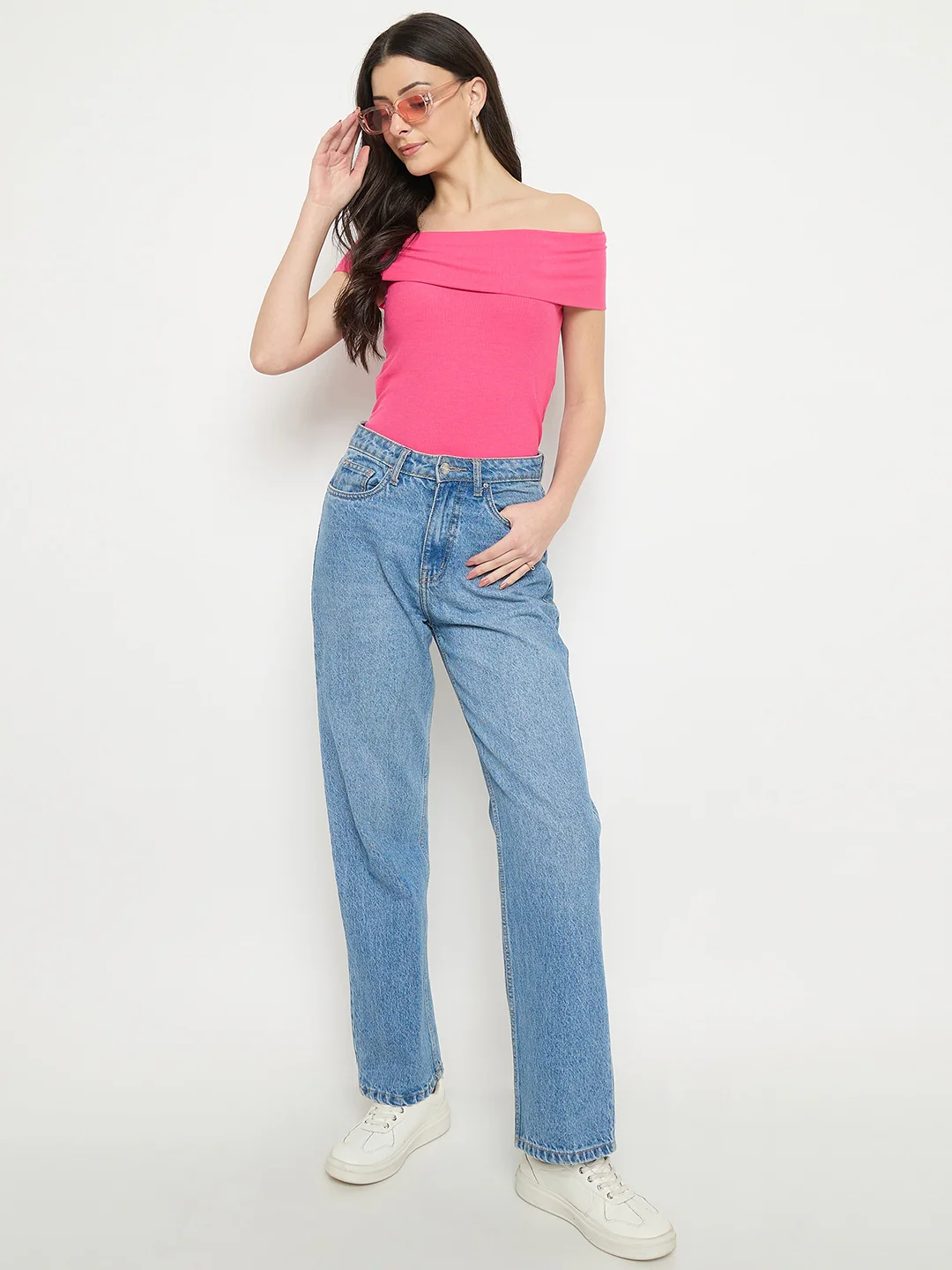 Madame Hot Pink Rayon Blend Off-Sleeve Top - Image 3