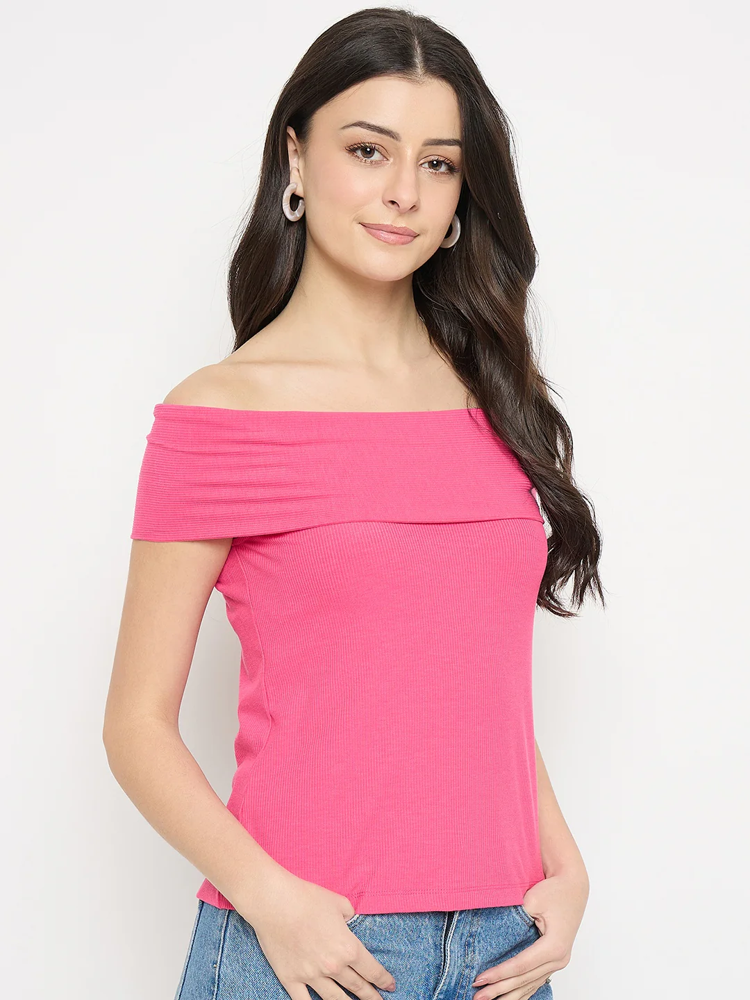 Madame Hot Pink Rayon Blend Off-Sleeve Top - Image 4