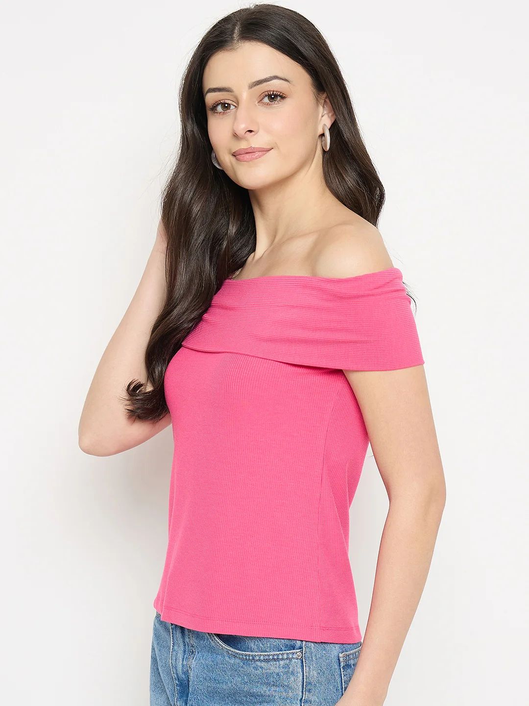 Madame Hot Pink Rayon Blend Off-Sleeve Top - Image 5