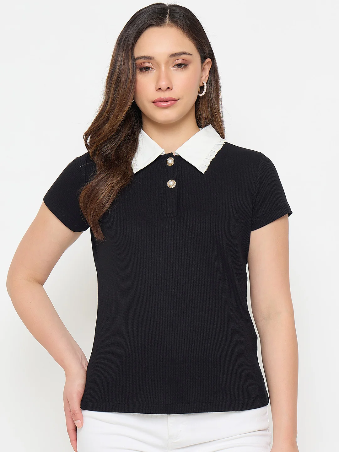 Madame Black Contrast Collar Polo T-shirt - Image 2