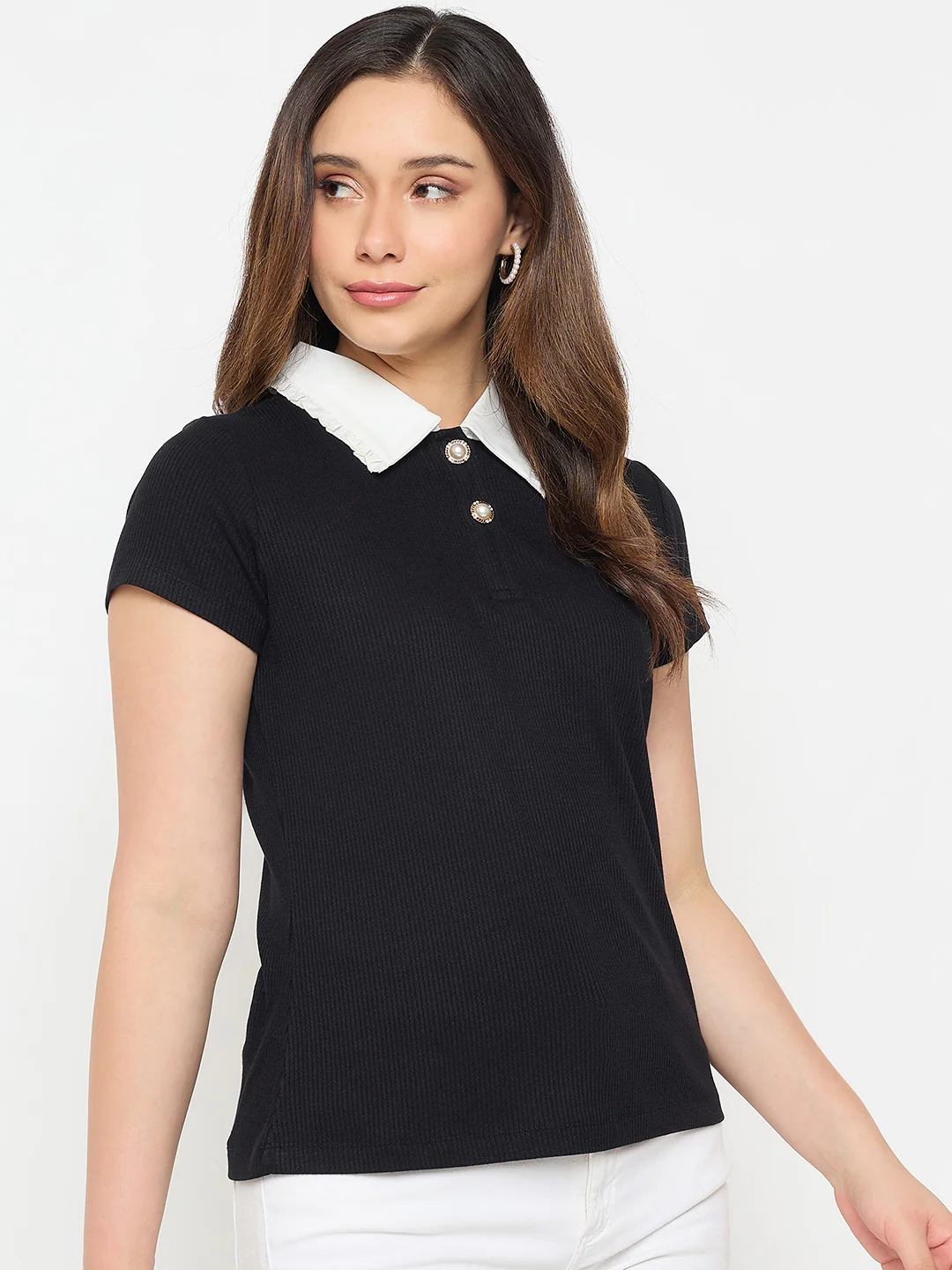 Madame Black Contrast Collar Polo T-shirt - Image 5