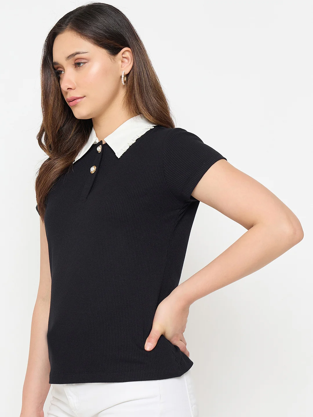 Madame Black Contrast Collar Polo T-shirt - Image 6