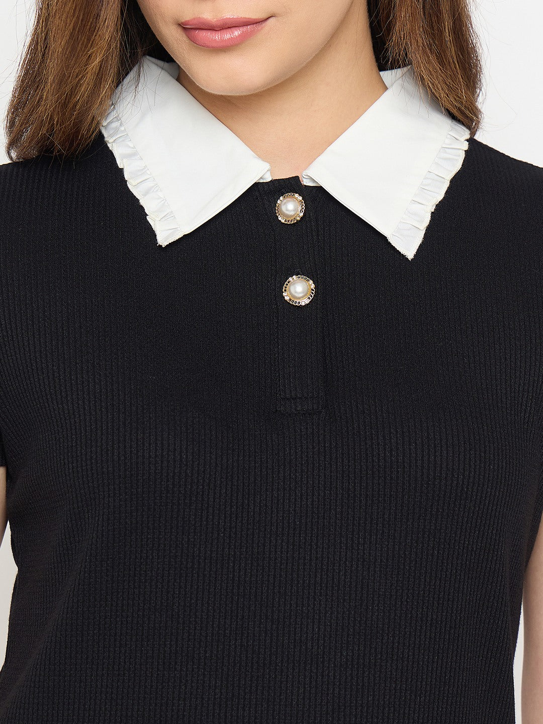 Madame Black Contrast Collar Polo T-shirt - Image 8