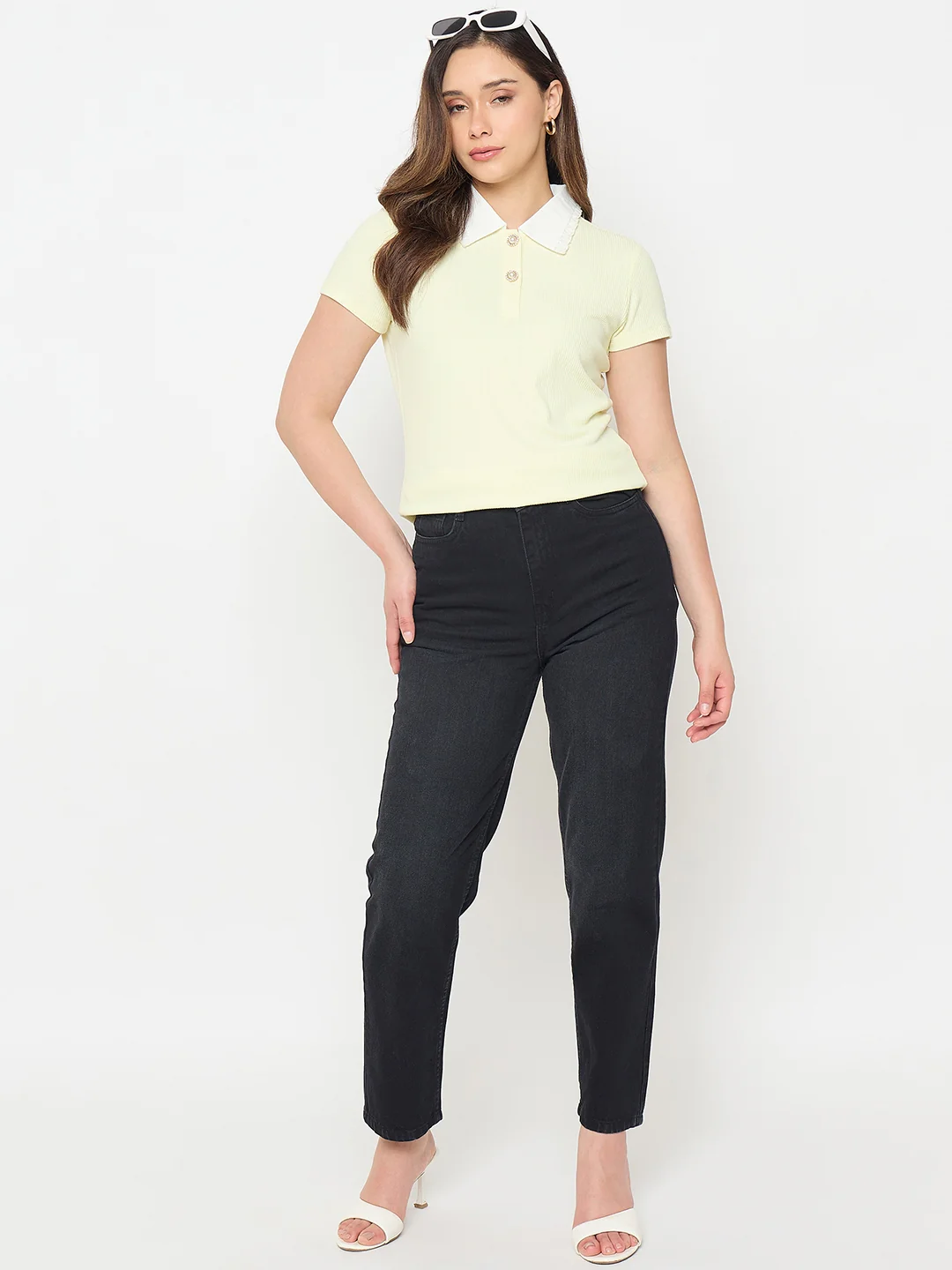 Madame Lemon Yellow Contrast Collar Polo T-shirt - Image 3