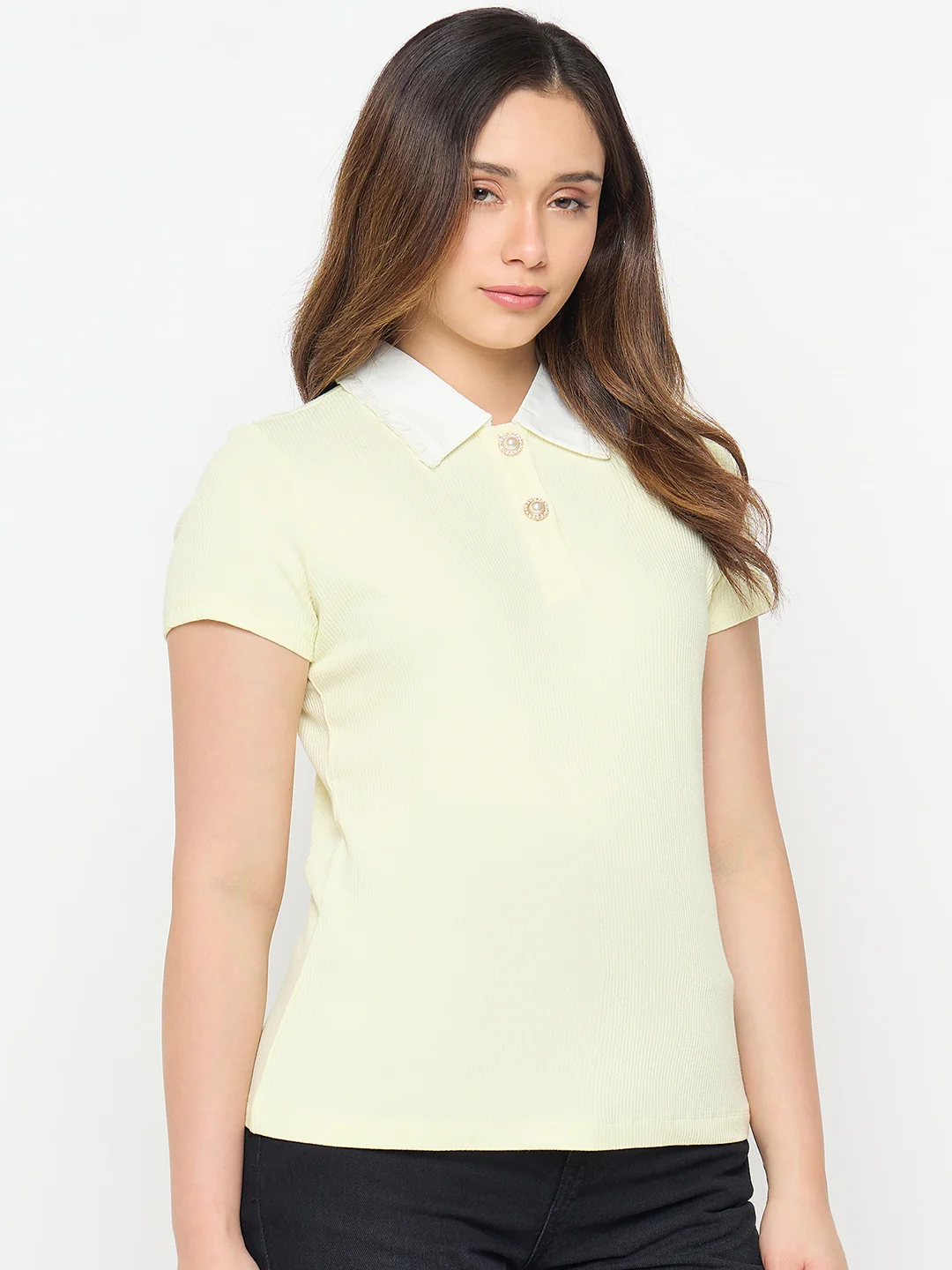 Madame Lemon Yellow Contrast Collar Polo T-shirt - Image 4