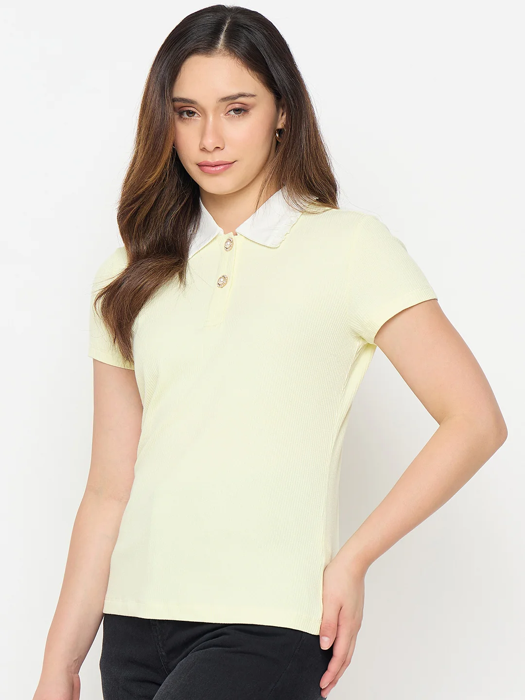 Madame Lemon Yellow Contrast Collar Polo T-shirt - Image 5
