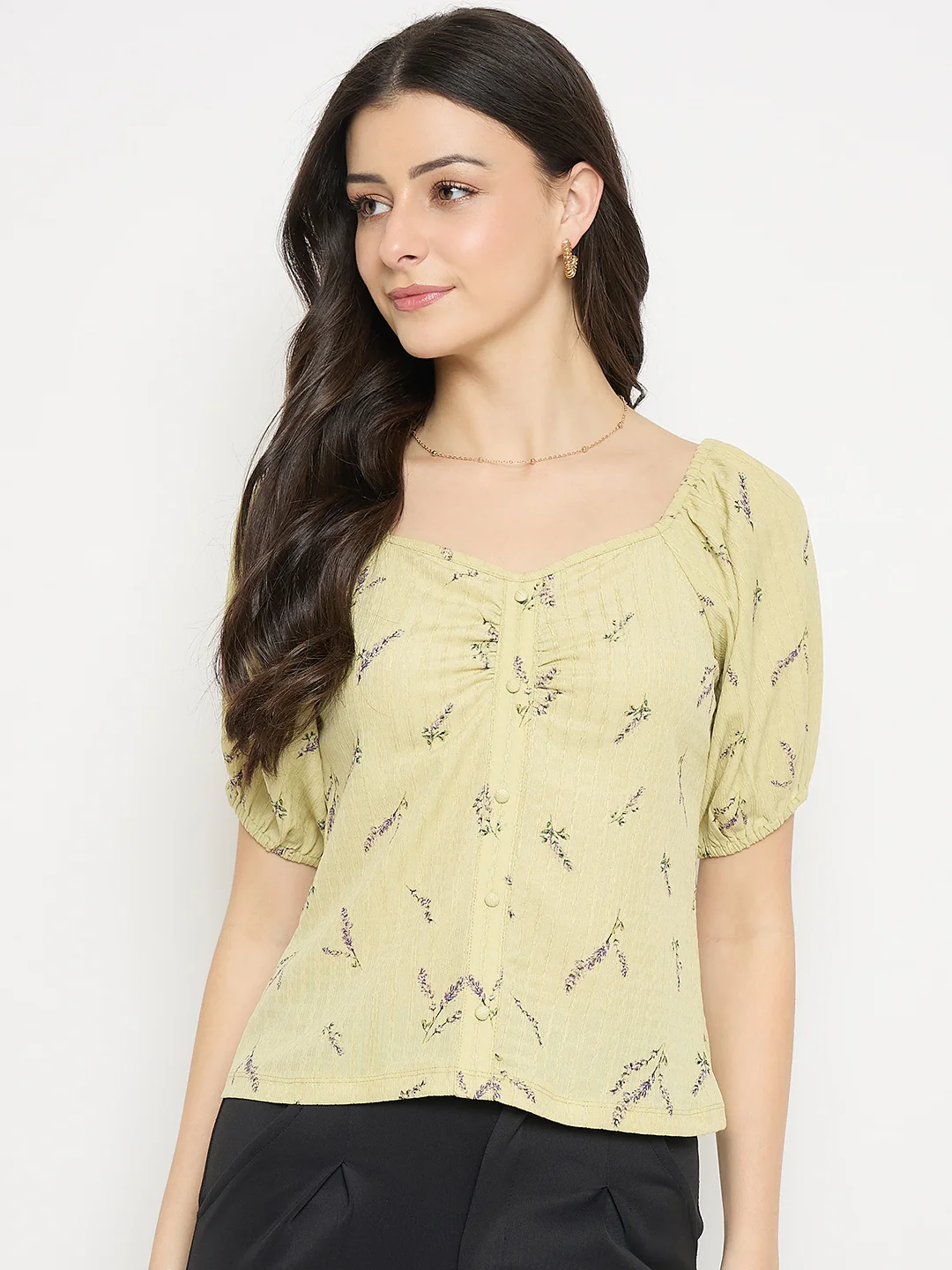 Madame Women’s Yellow Ruched Puff Sleeve Top