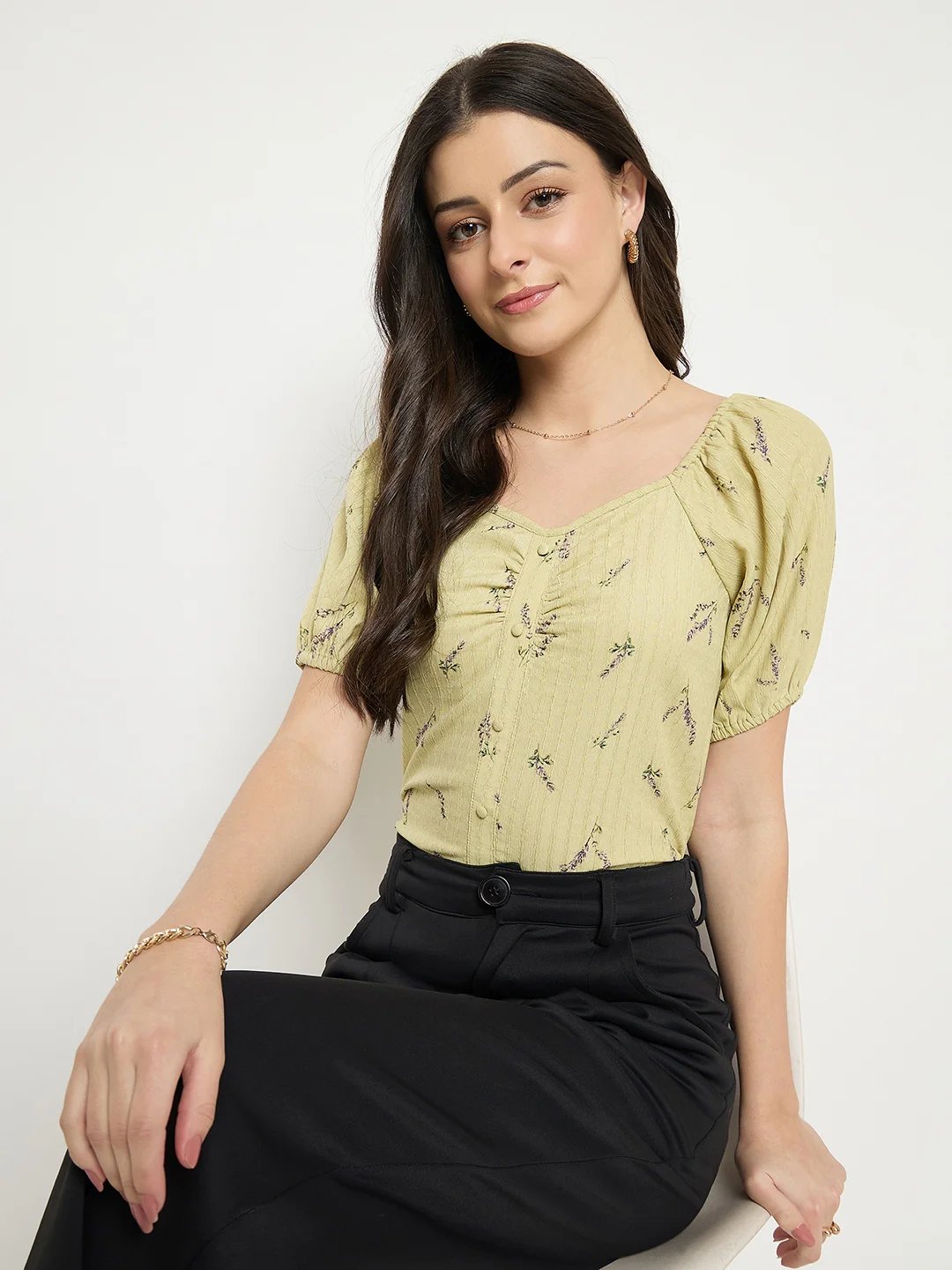 Madame Women’s Yellow Ruched Puff Sleeve Top - Image 2