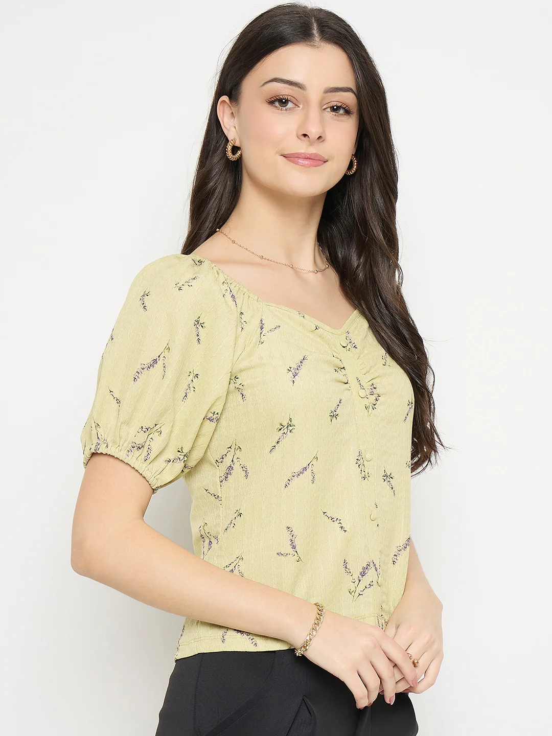 Madame Women’s Yellow Ruched Puff Sleeve Top - Image 4