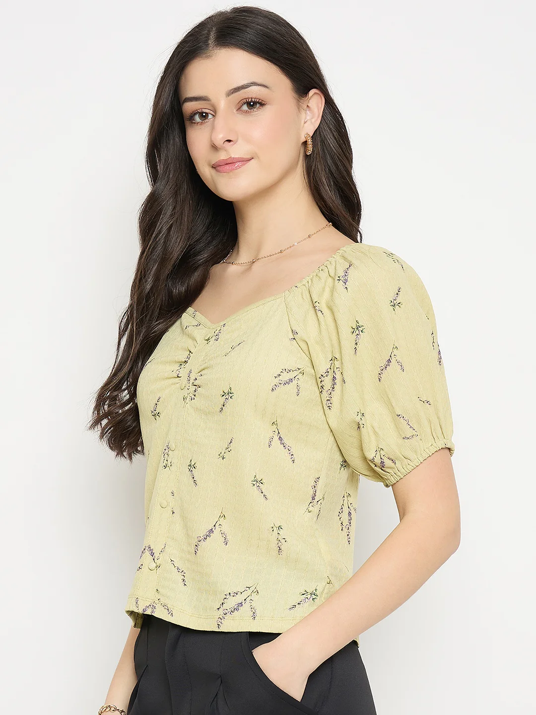 Madame Women’s Yellow Ruched Puff Sleeve Top - Image 5