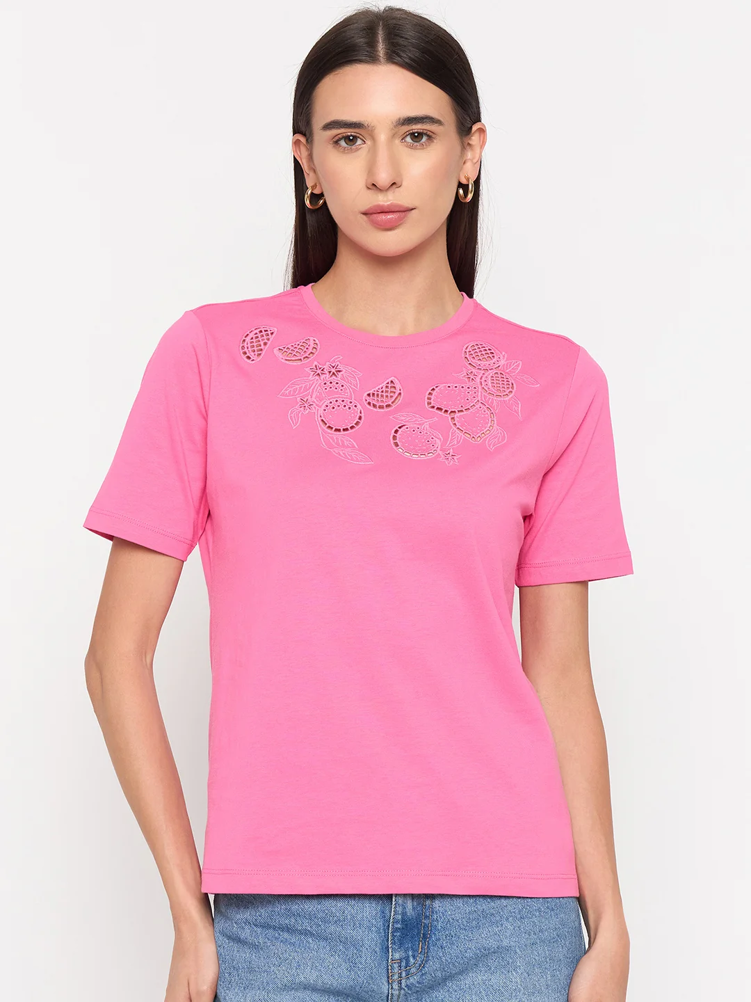 Madame Pink Cotton Half-Sleeve T-Shirt