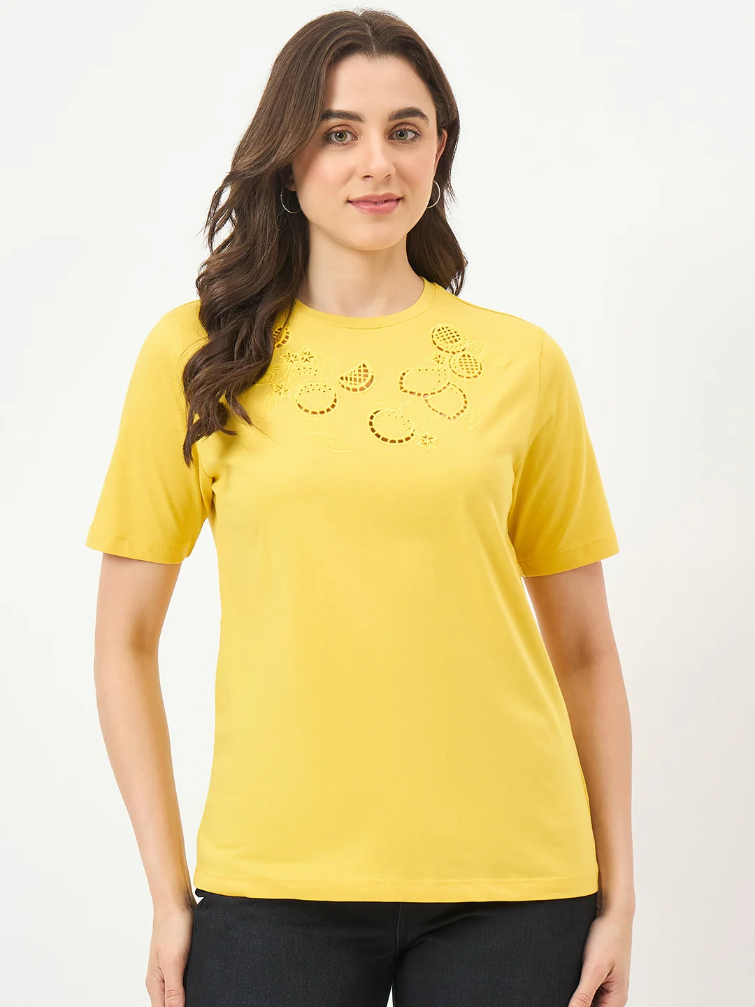 Madame Yellow Cotton Half-Sleeve T-Shirt