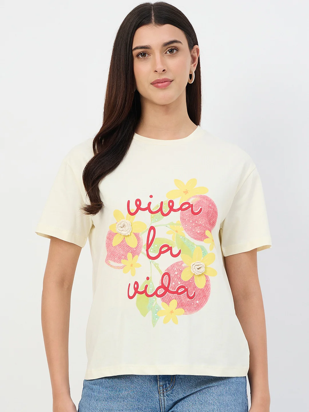 Madame Beige Crew Neck Printed Cotton T-Shirt - Image 2