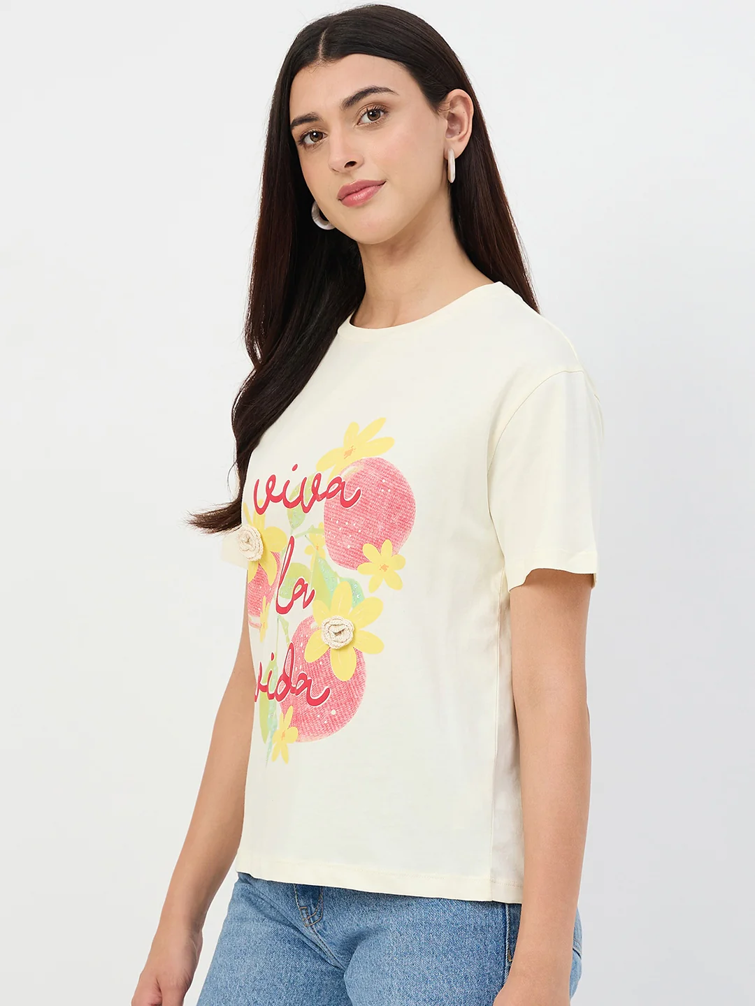 Madame Beige Crew Neck Printed Cotton T-Shirt - Image 5