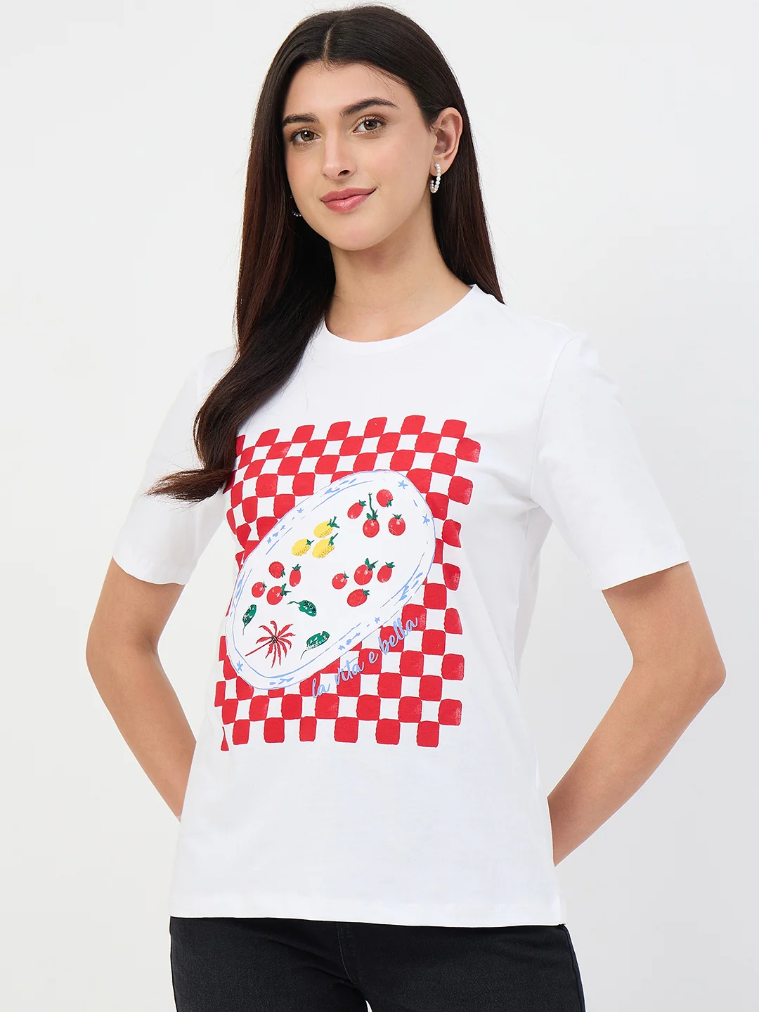 Madame White Printed Crew Neck Cotton T-Shirt - Image 2
