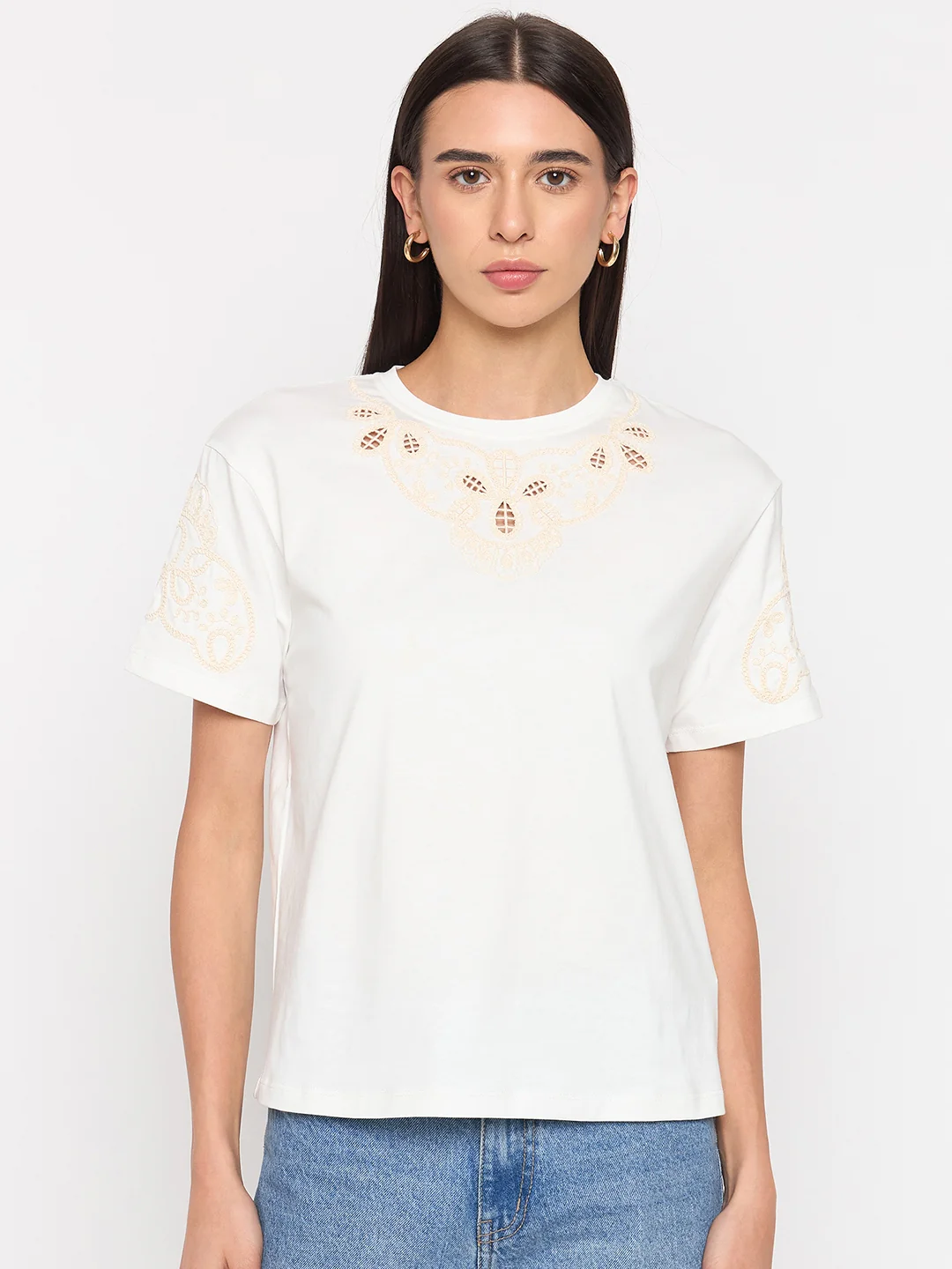 Madame White Cotton Embroidered Half-Sleeve Top