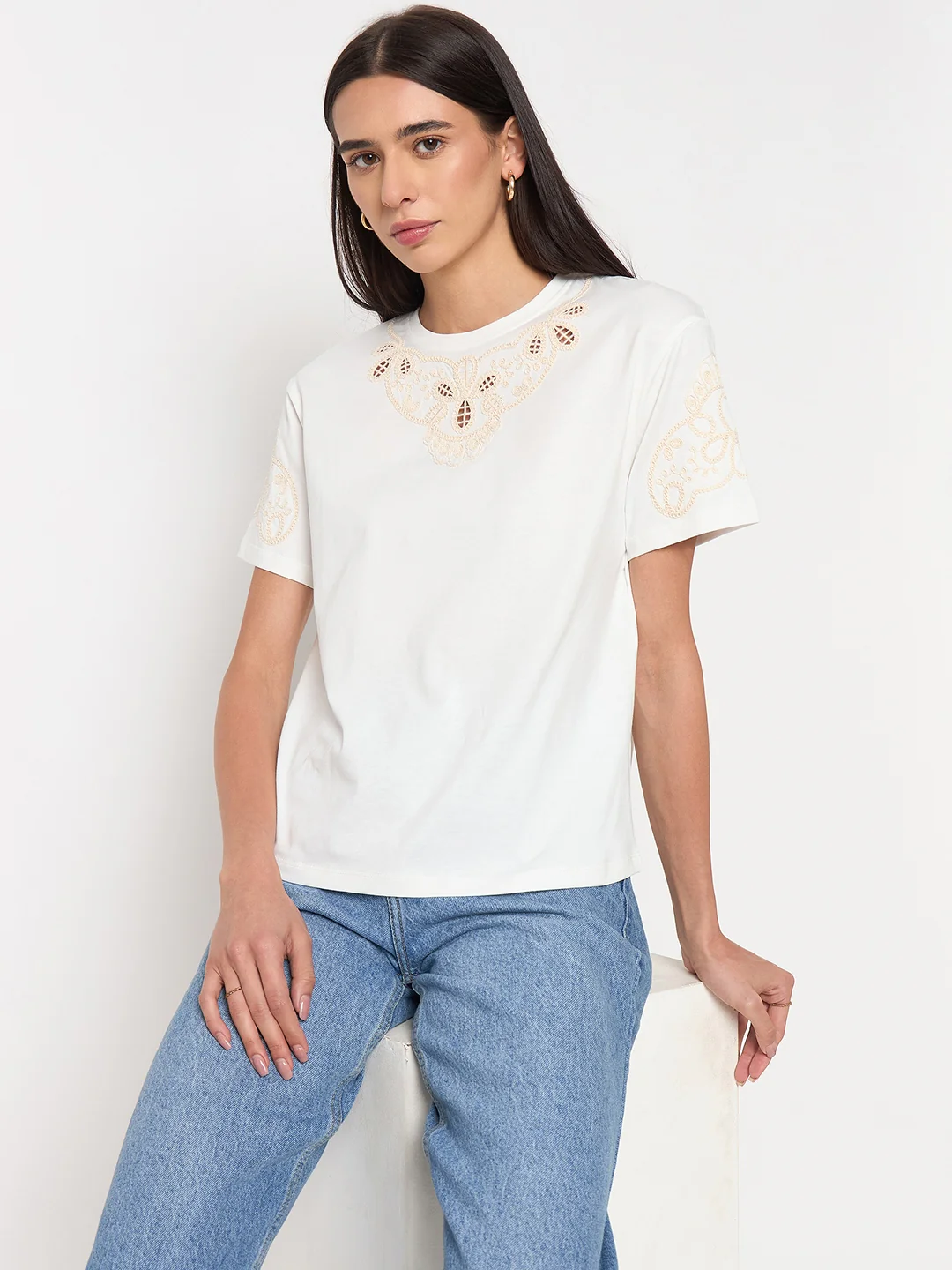 Madame White Cotton Embroidered Half-Sleeve Top - Image 2