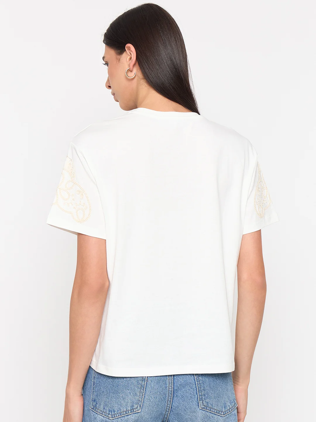 Madame White Cotton Embroidered Half-Sleeve Top - Image 6
