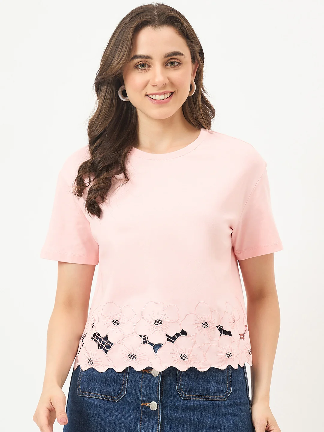 Madame Powder Pink Cotton Half-Sleeve Top