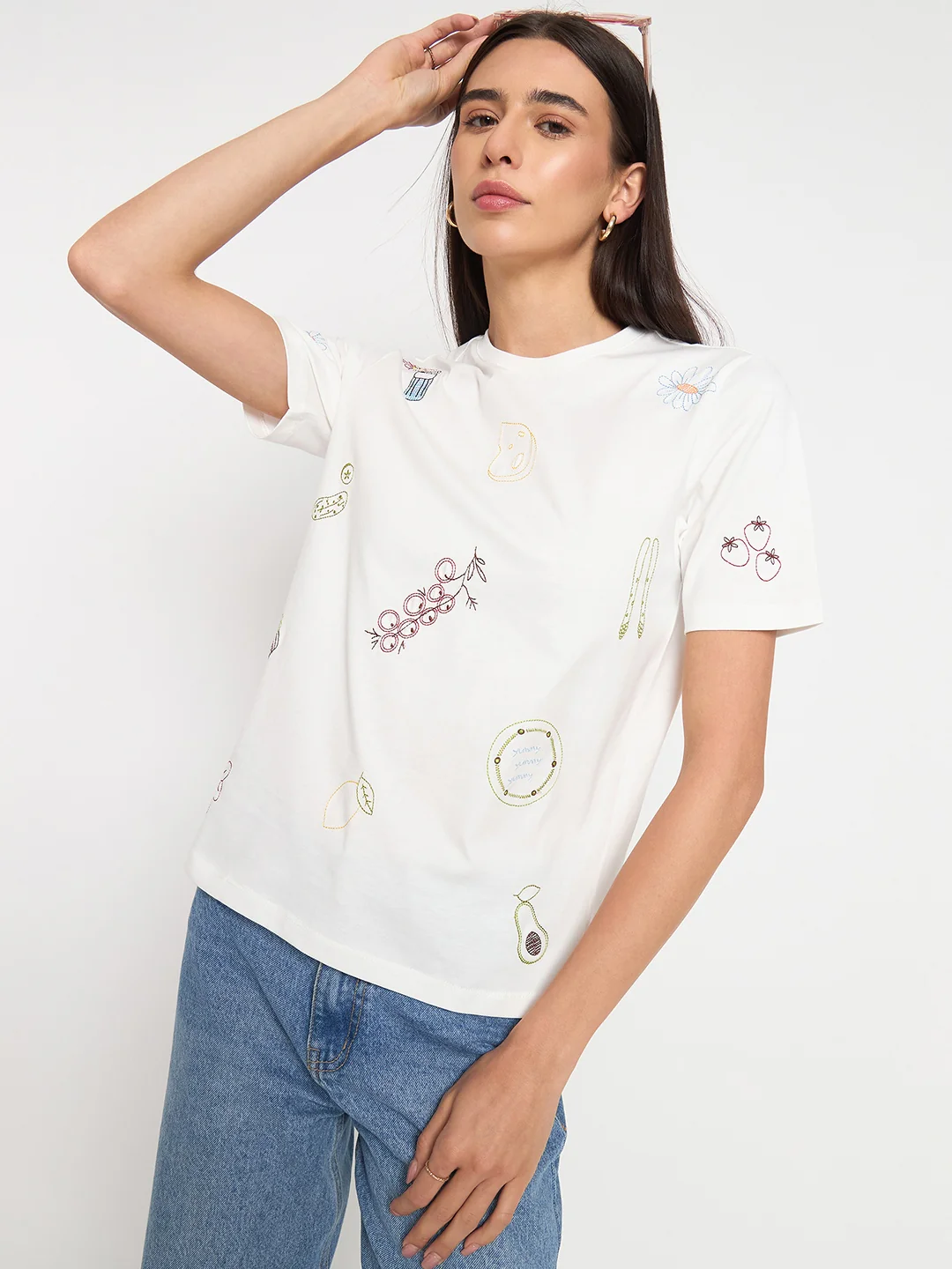 Madame White Printed Cotton Half-Sleeve T-Shirt - Image 2