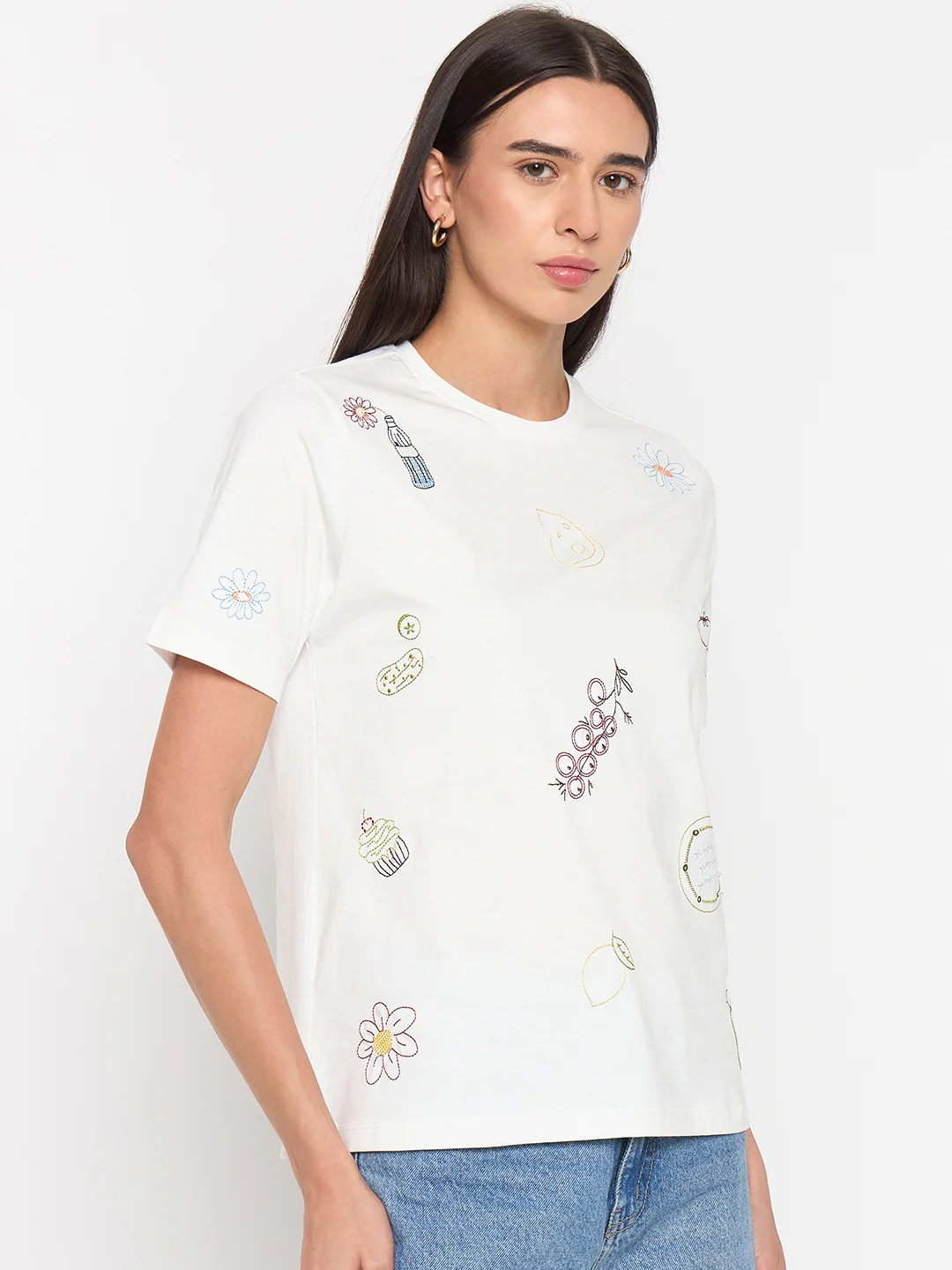 Madame White Printed Cotton Half-Sleeve T-Shirt - Image 4