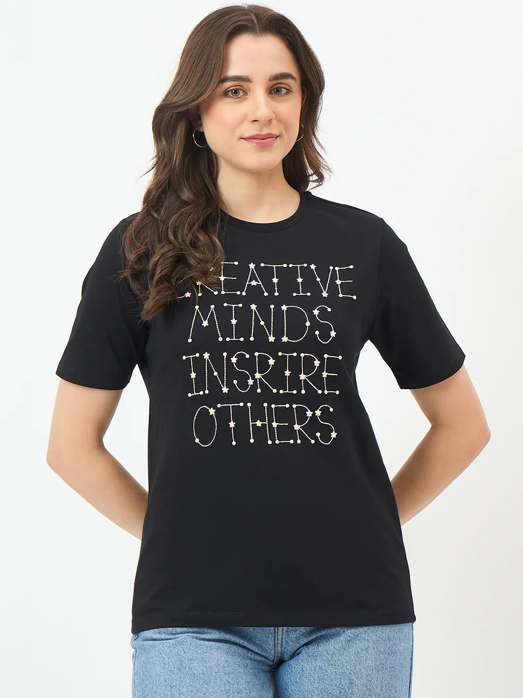 Madame Black Printed Cotton Half-Sleeve T-Shirt