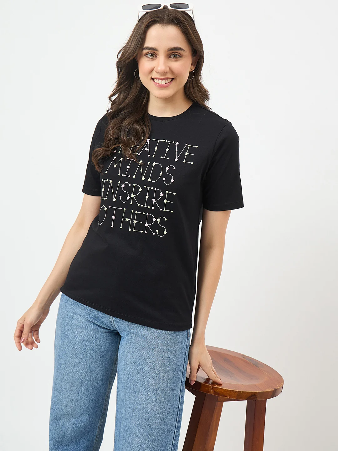 Madame Black Printed Cotton Half-Sleeve T-Shirt - Image 2