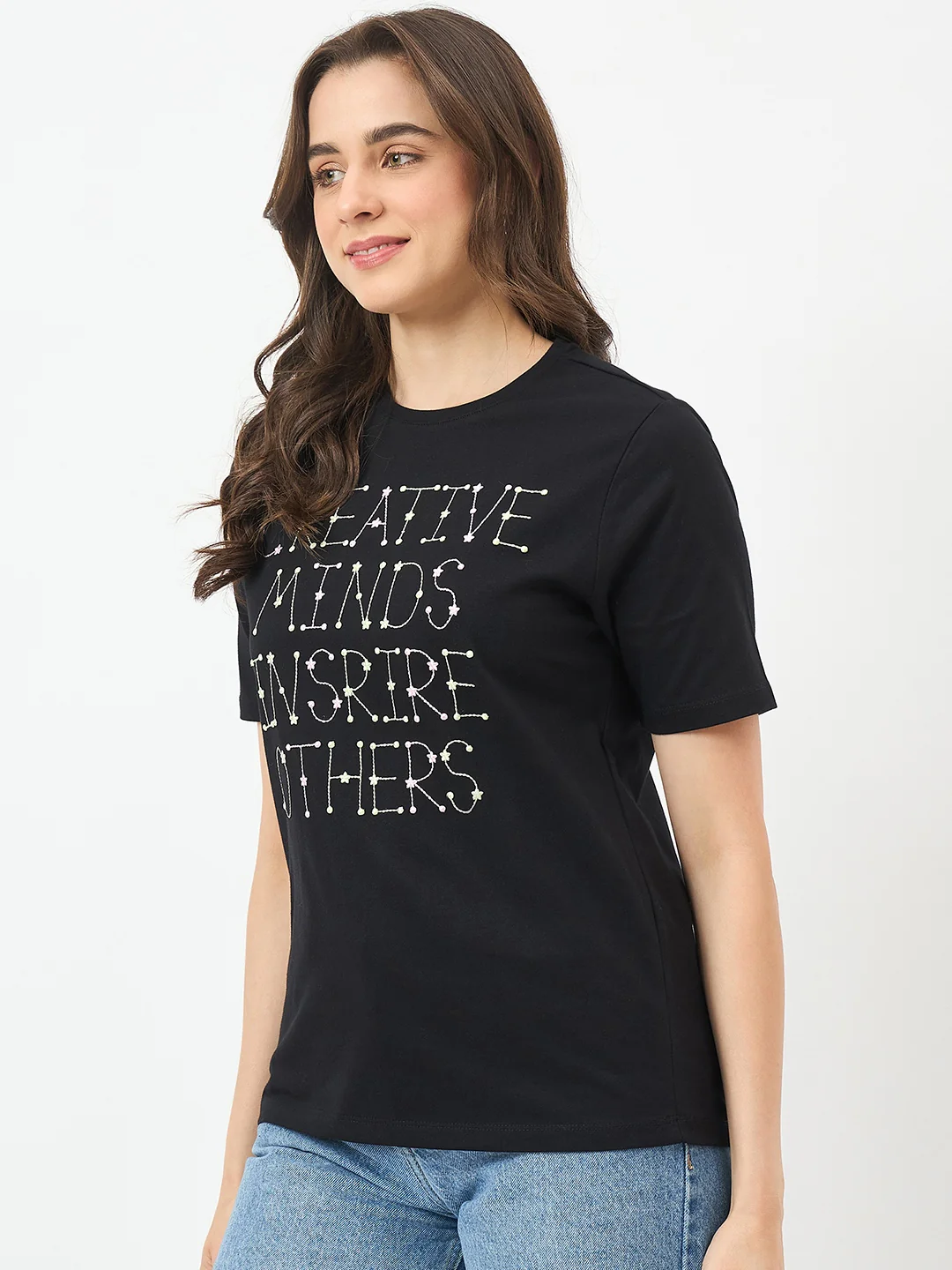 Madame Black Printed Cotton Half-Sleeve T-Shirt - Image 5