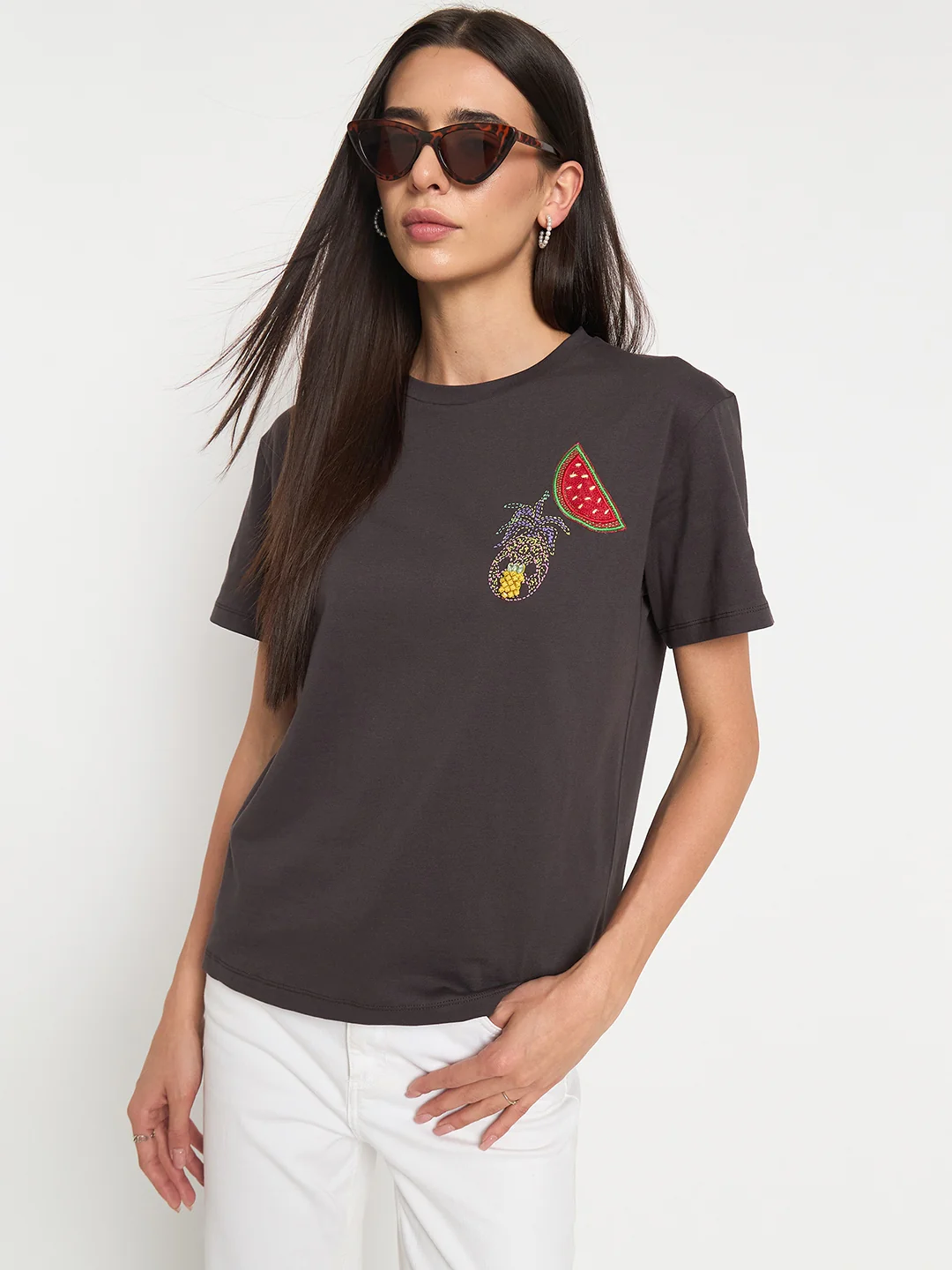 Madame Charcoal Cotton Half-Sleeve T-Shirt - Image 2