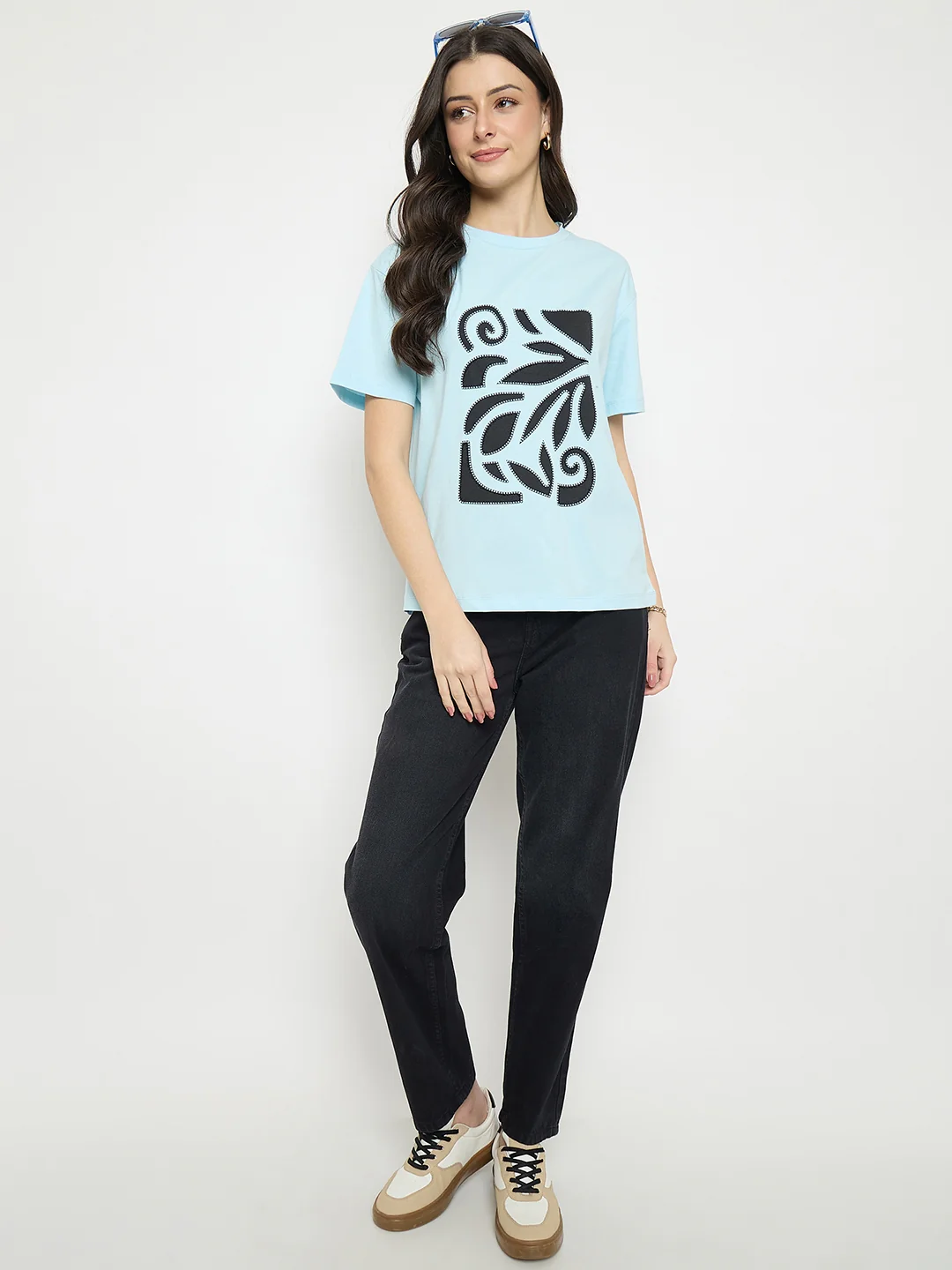 Madame Ice Blue Printed Cotton Round Neck T-Shirt - Image 3