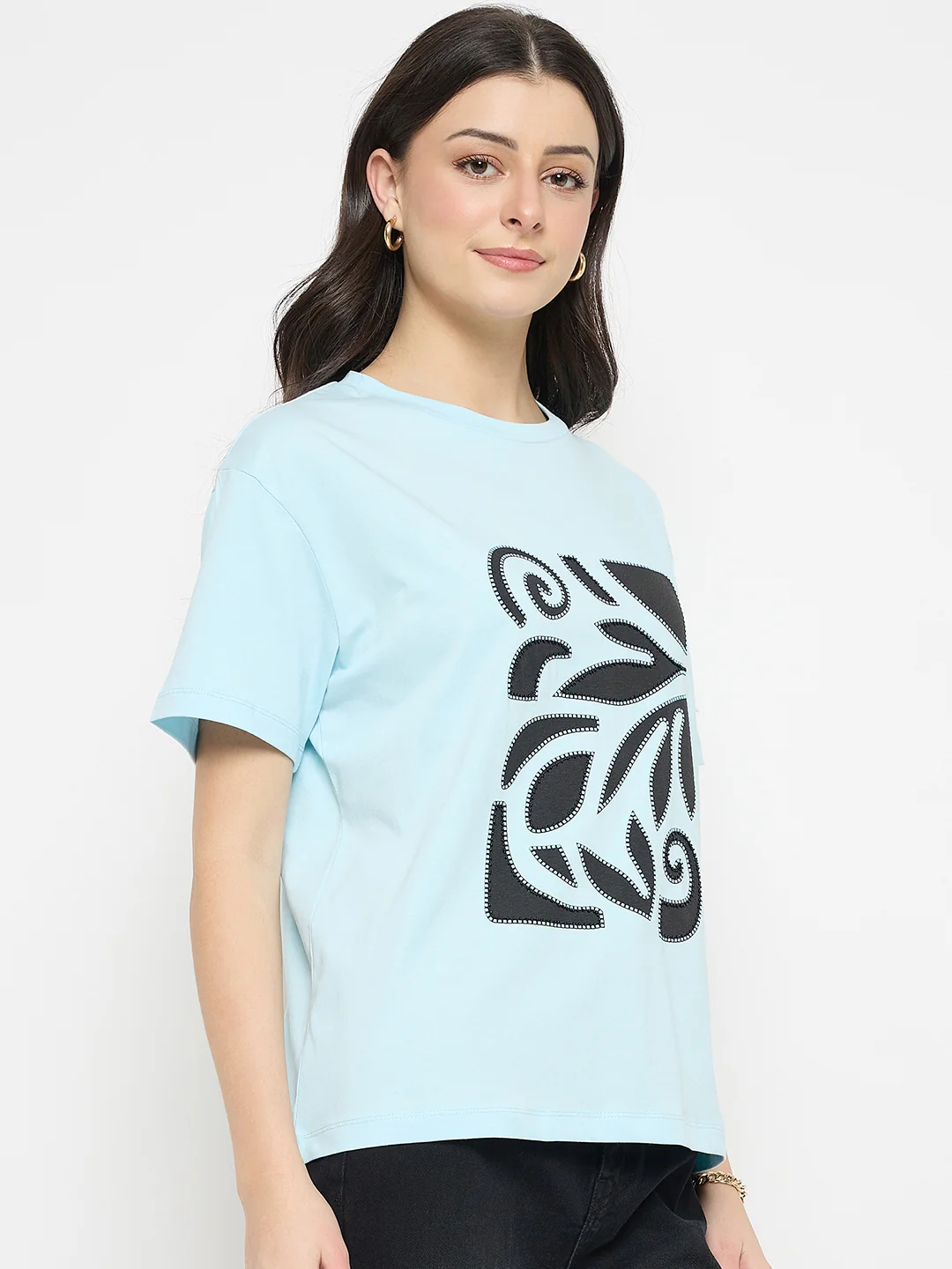 Madame Ice Blue Printed Cotton Round Neck T-Shirt - Image 4