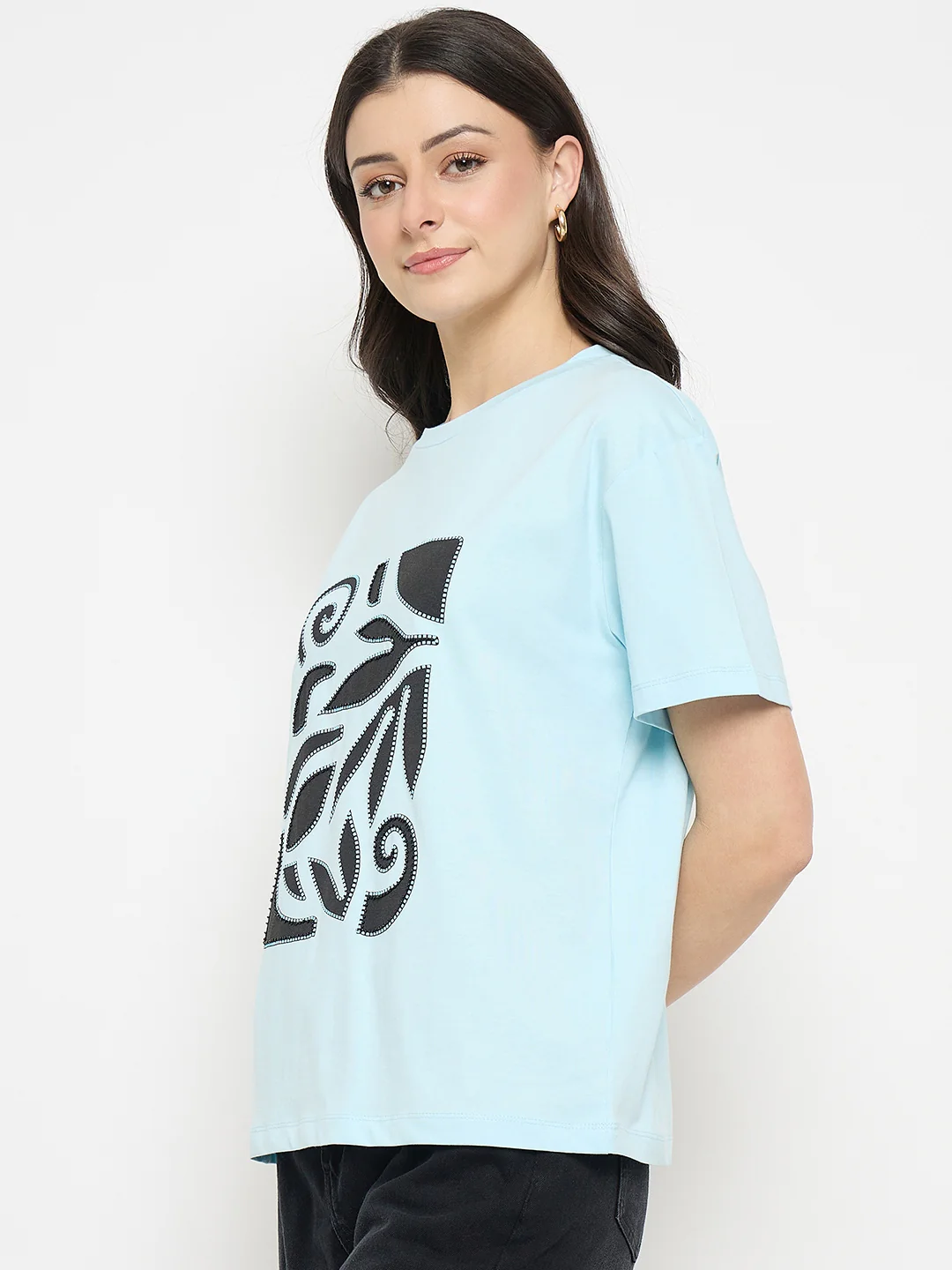Madame Ice Blue Printed Cotton Round Neck T-Shirt - Image 5