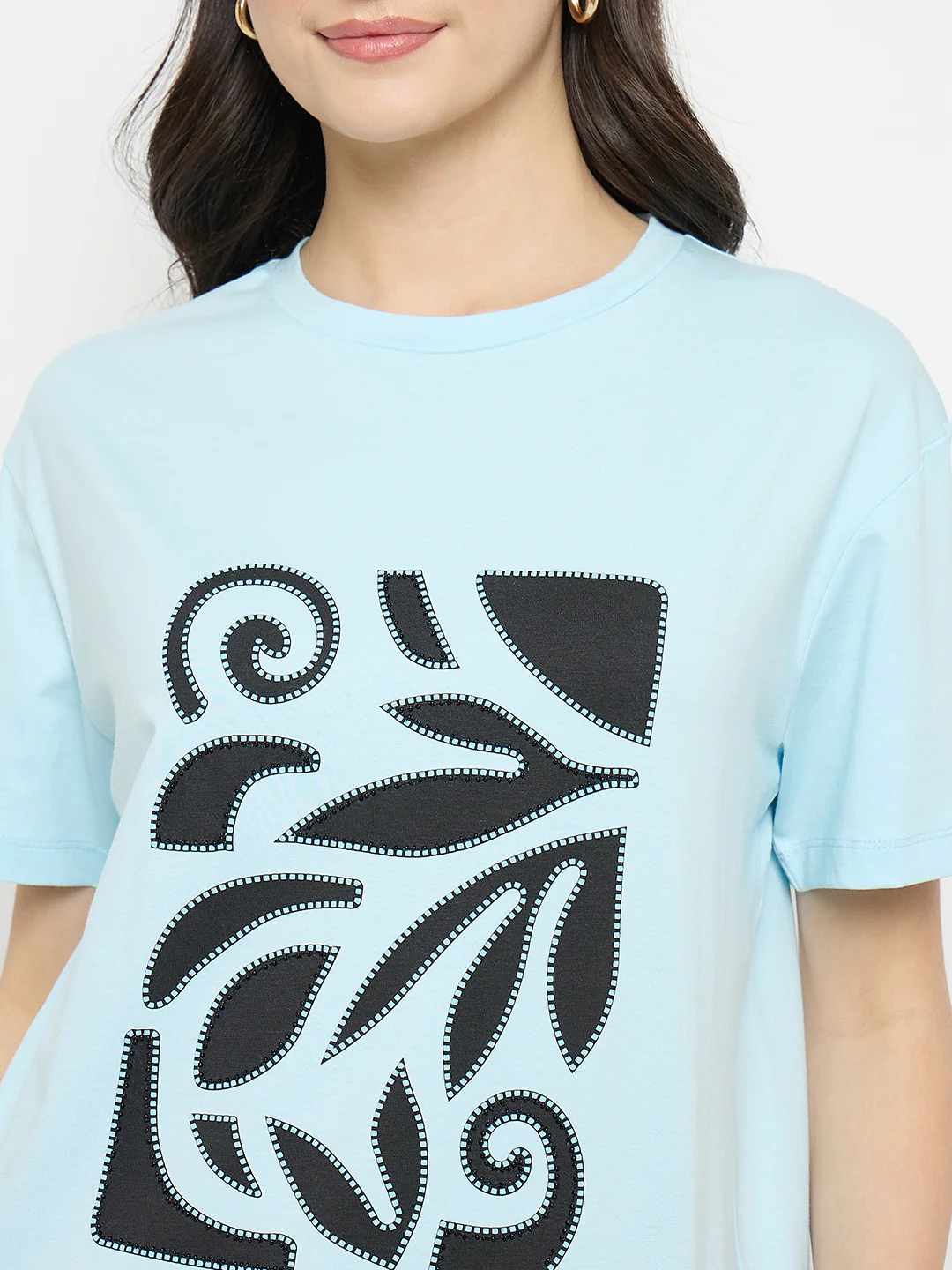 Madame Ice Blue Printed Cotton Round Neck T-Shirt - Image 7