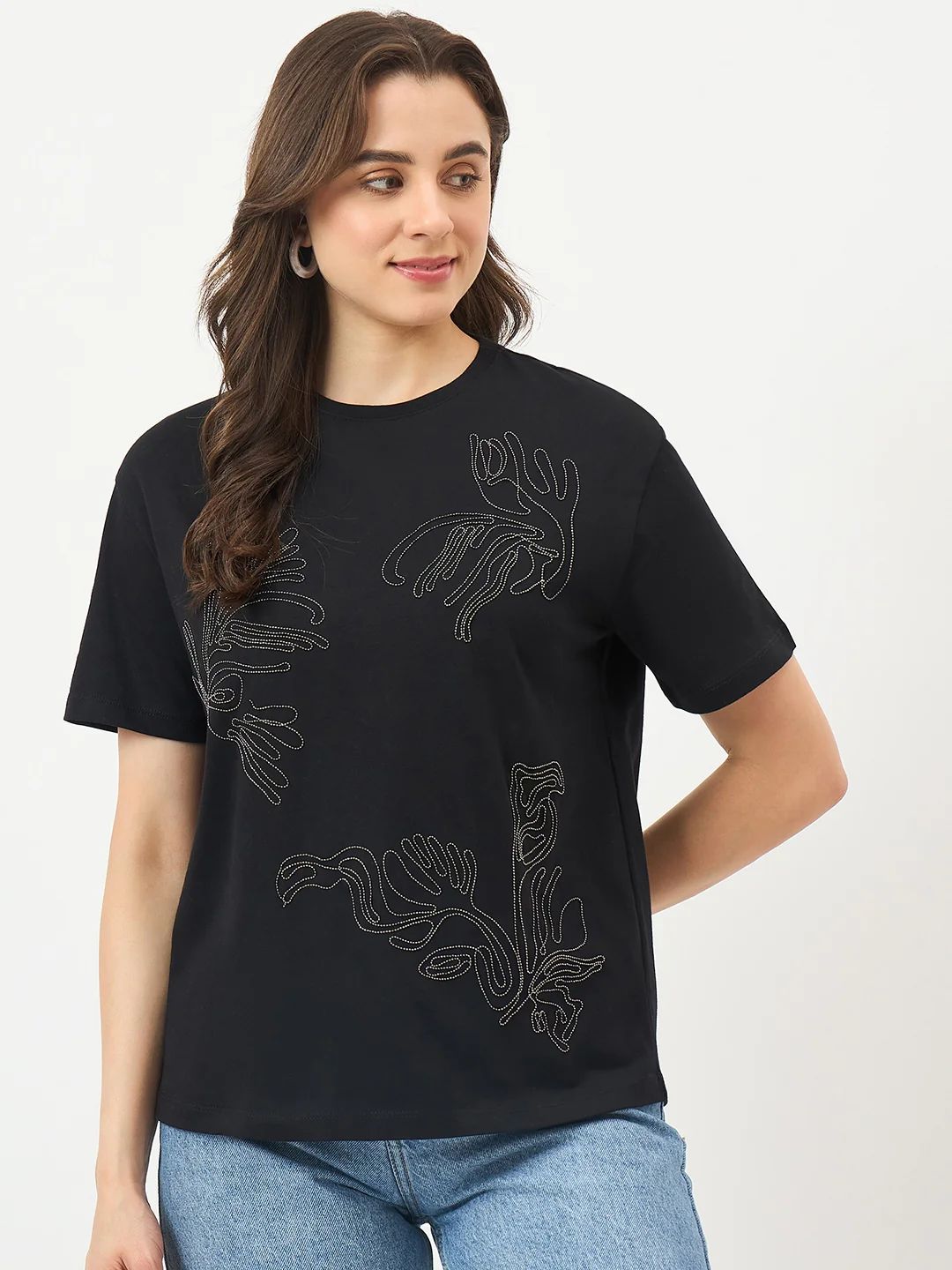 Madame Black Cotton Graphic Half-Sleeve T-Shirt