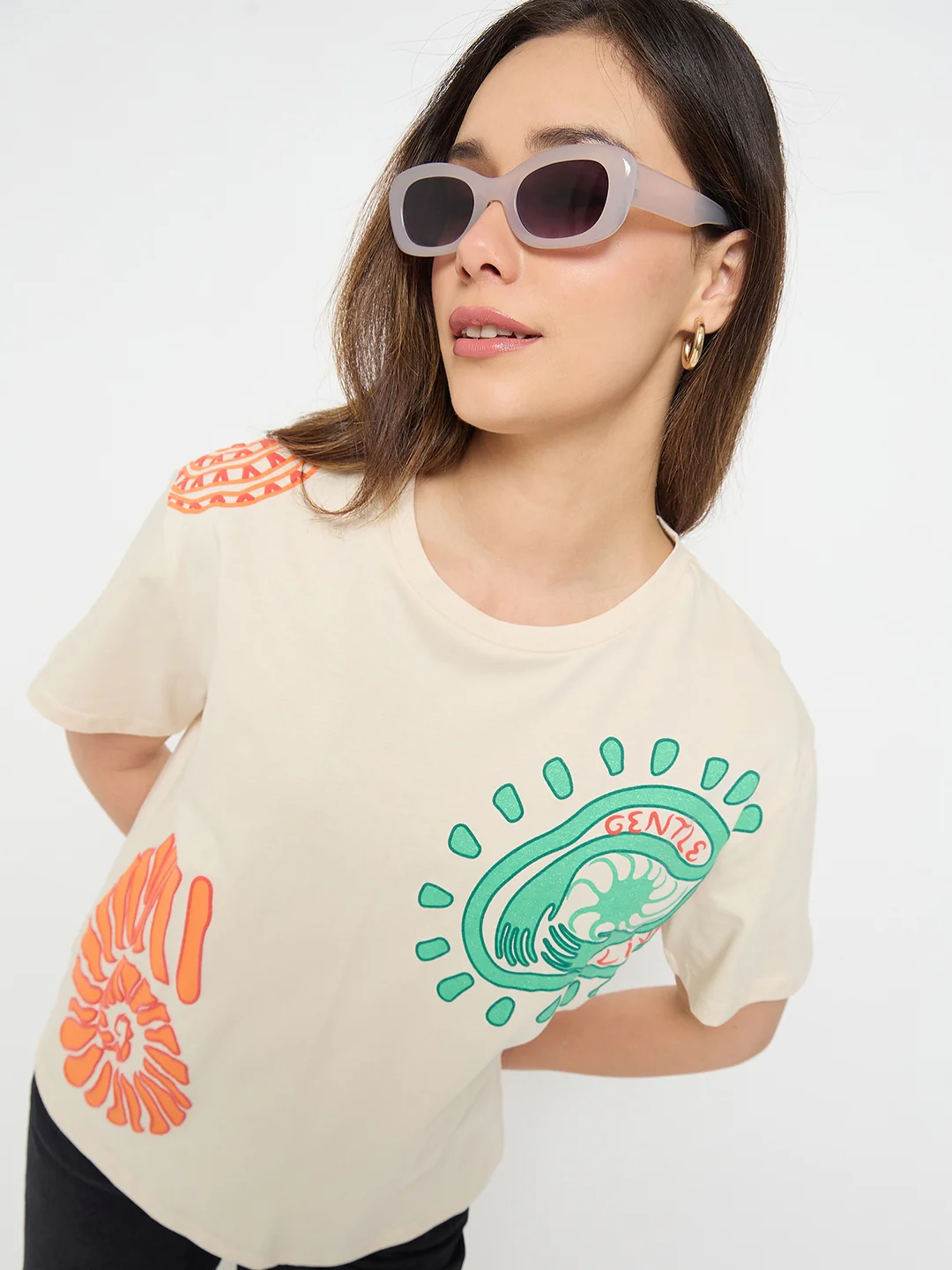 Madame Beige Printed Cotton Round Neck T-shirt - Image 2