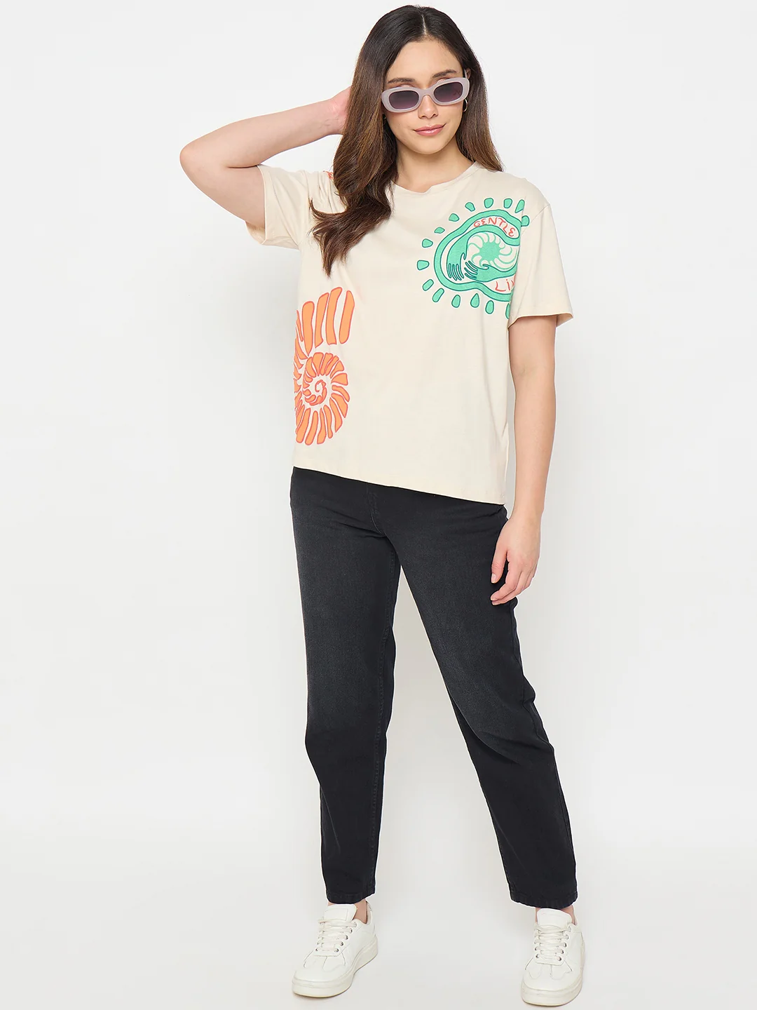 Madame Beige Printed Cotton Round Neck T-shirt - Image 3