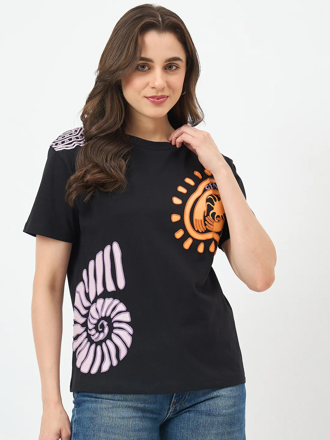 Madame Black Cotton Slim-Fit Half-Sleeve T-Shirt
