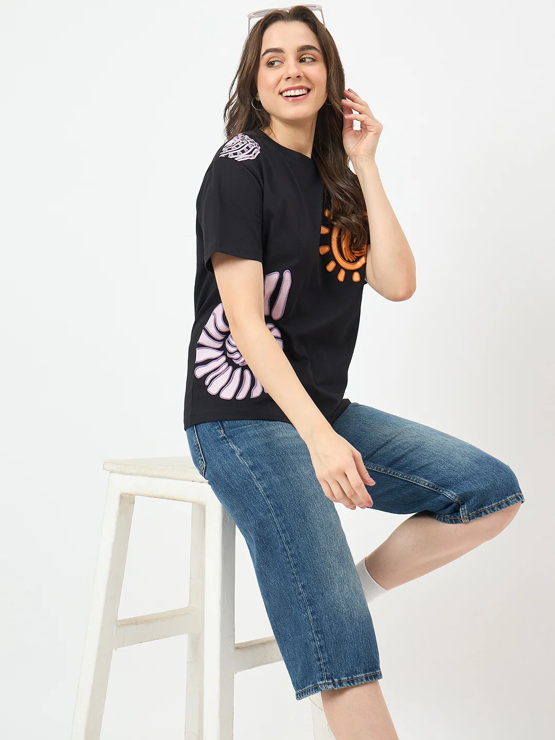 Madame Black Cotton Slim-Fit Half-Sleeve T-Shirt - Image 2