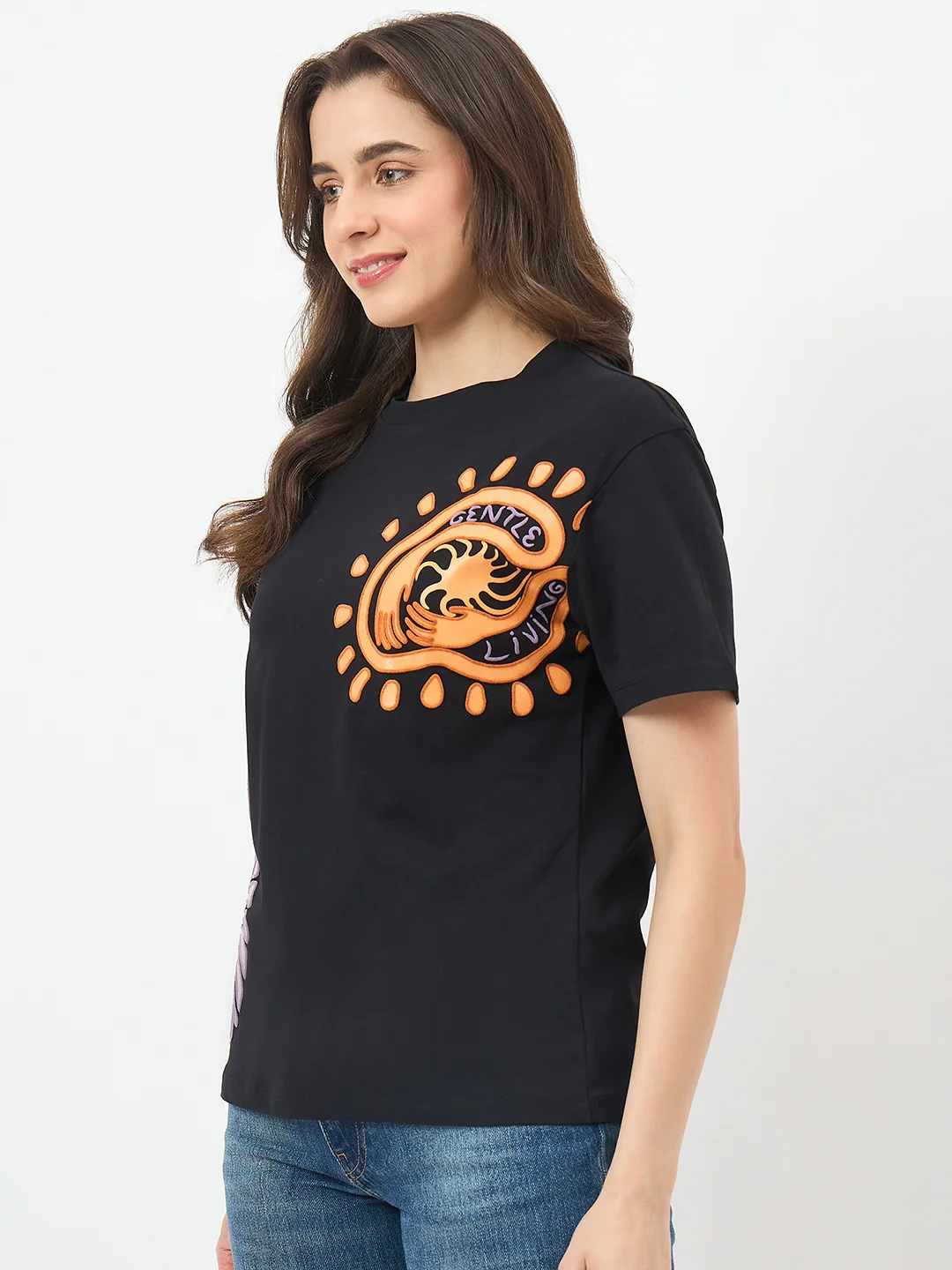 Madame Black Cotton Slim-Fit Half-Sleeve T-Shirt - Image 5