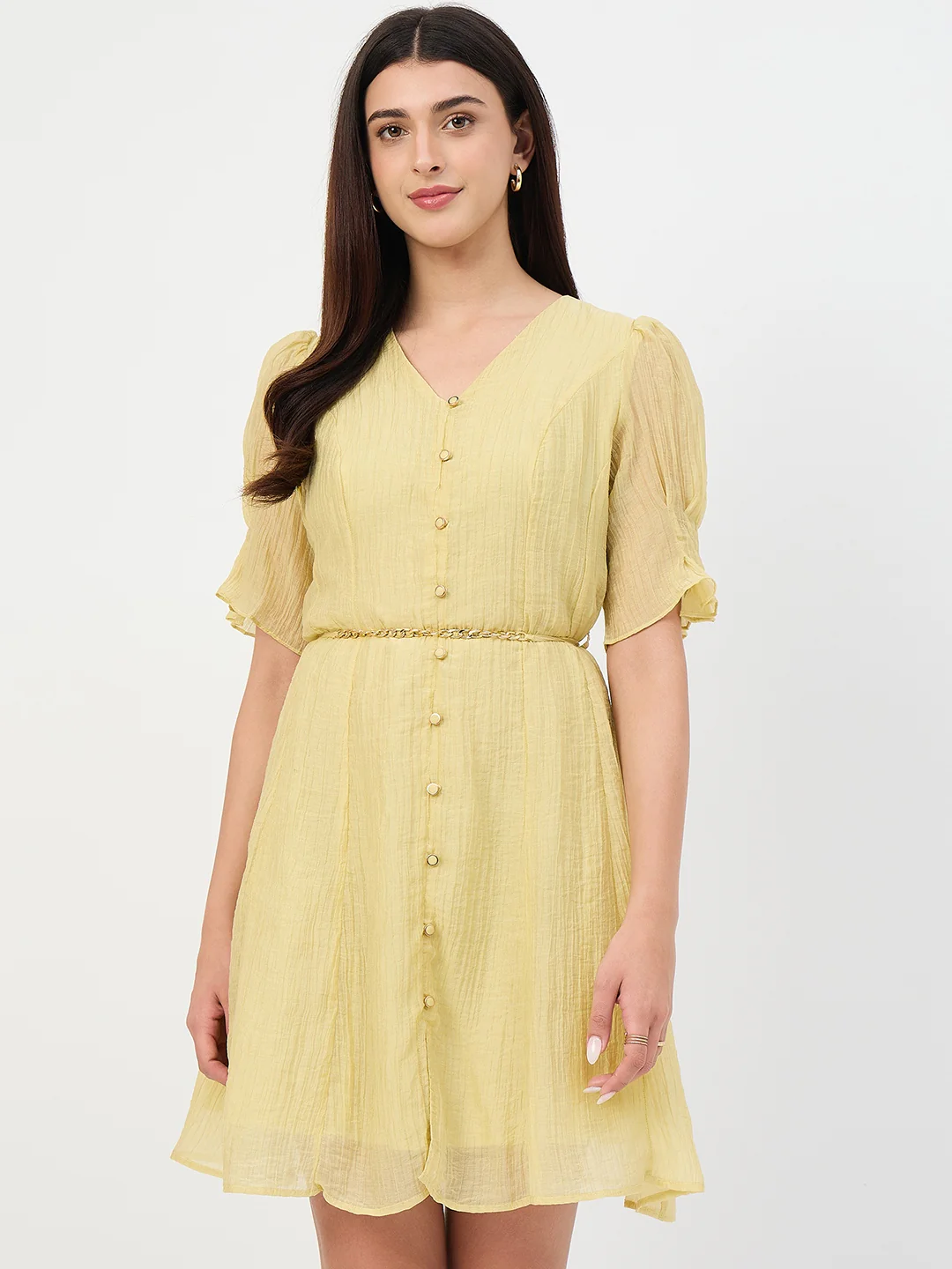 Madame Butter Yellow Fit and Flare Lyocell Dress with Chain Belt
