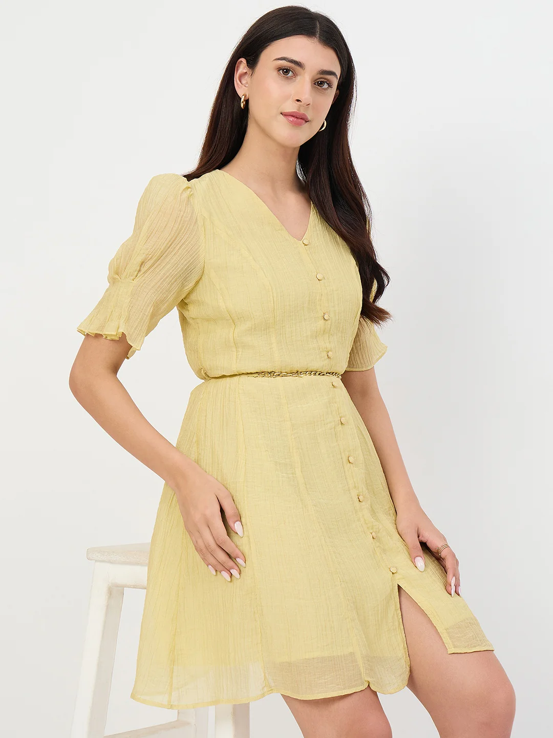 Madame Butter Yellow Fit and Flare Lyocell Dress with Chain Belt - Image 2