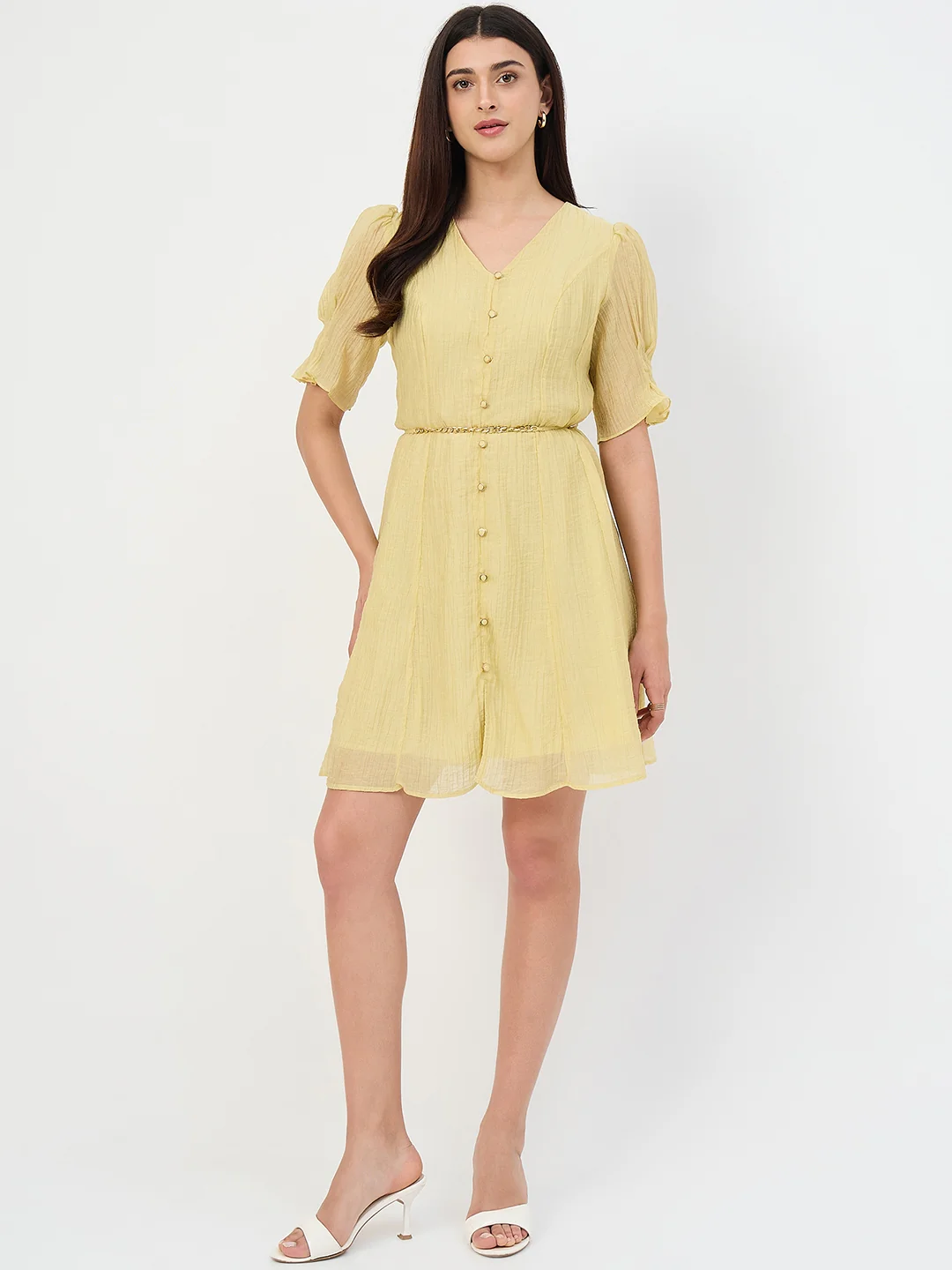 Madame Butter Yellow Fit and Flare Lyocell Dress with Chain Belt - Image 3
