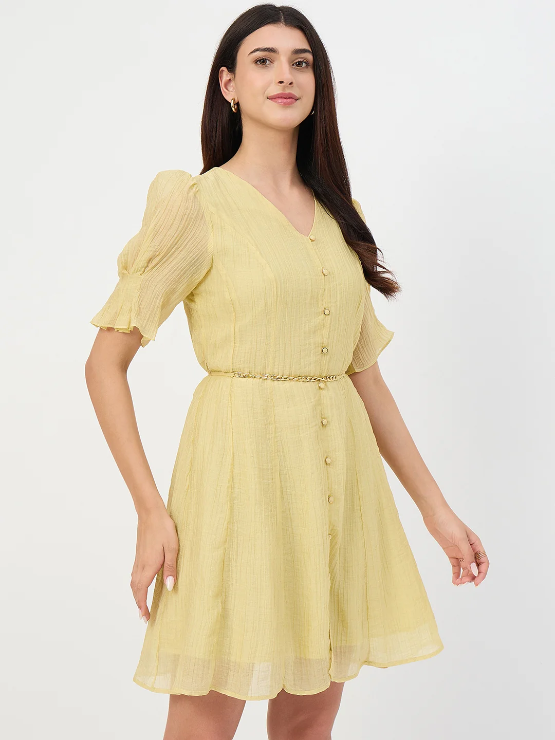 Madame Butter Yellow Fit and Flare Lyocell Dress with Chain Belt - Image 4