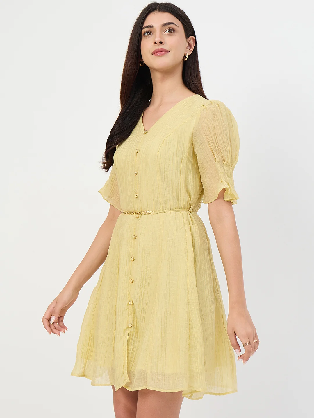 Madame Butter Yellow Fit and Flare Lyocell Dress with Chain Belt - Image 5