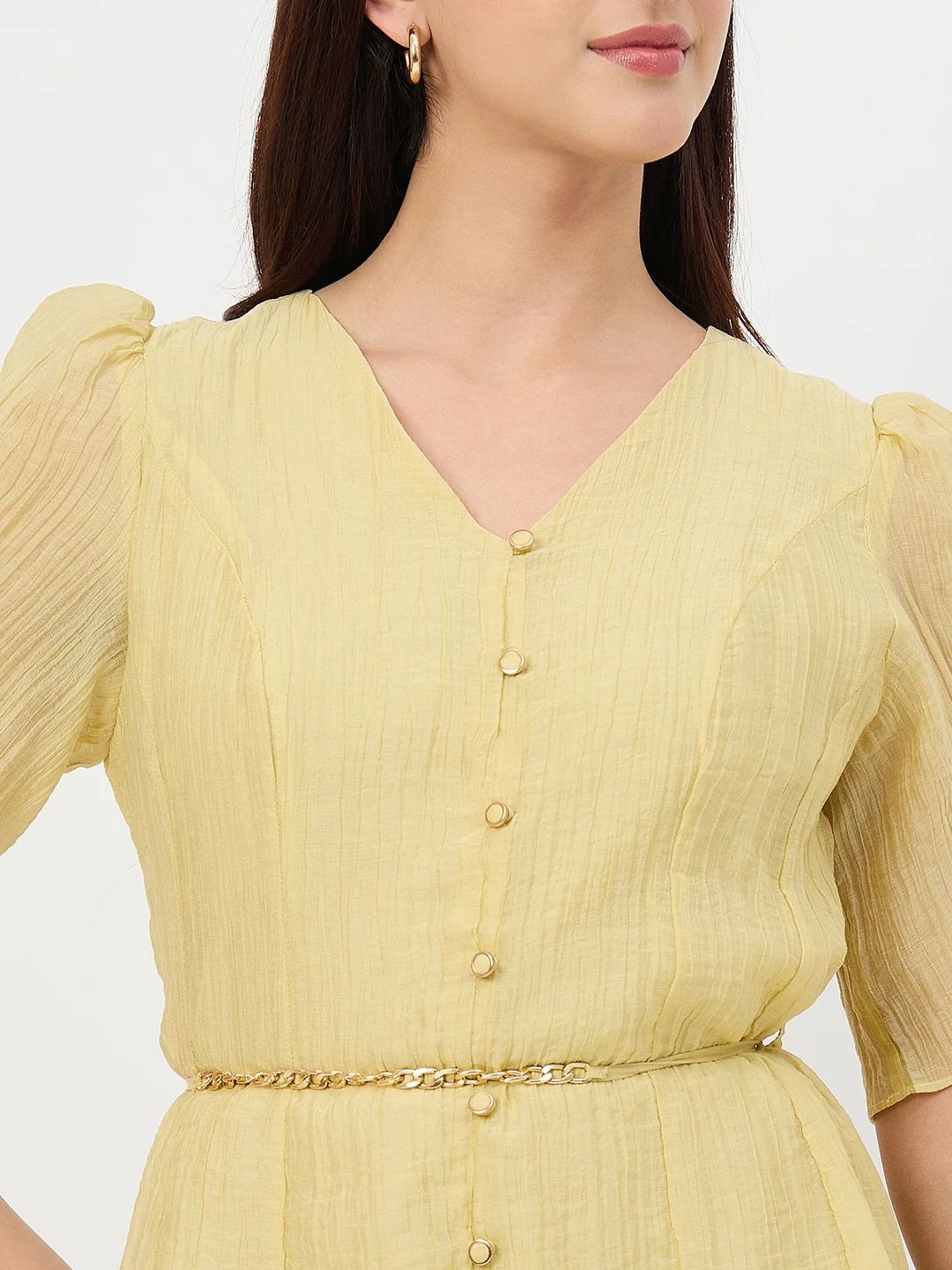 Madame Butter Yellow Fit and Flare Lyocell Dress with Chain Belt - Image 7
