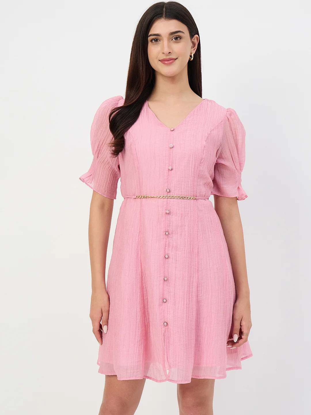 Madame Pink V-Neck Fit and Flare Lyocell Dress with Chain Belt