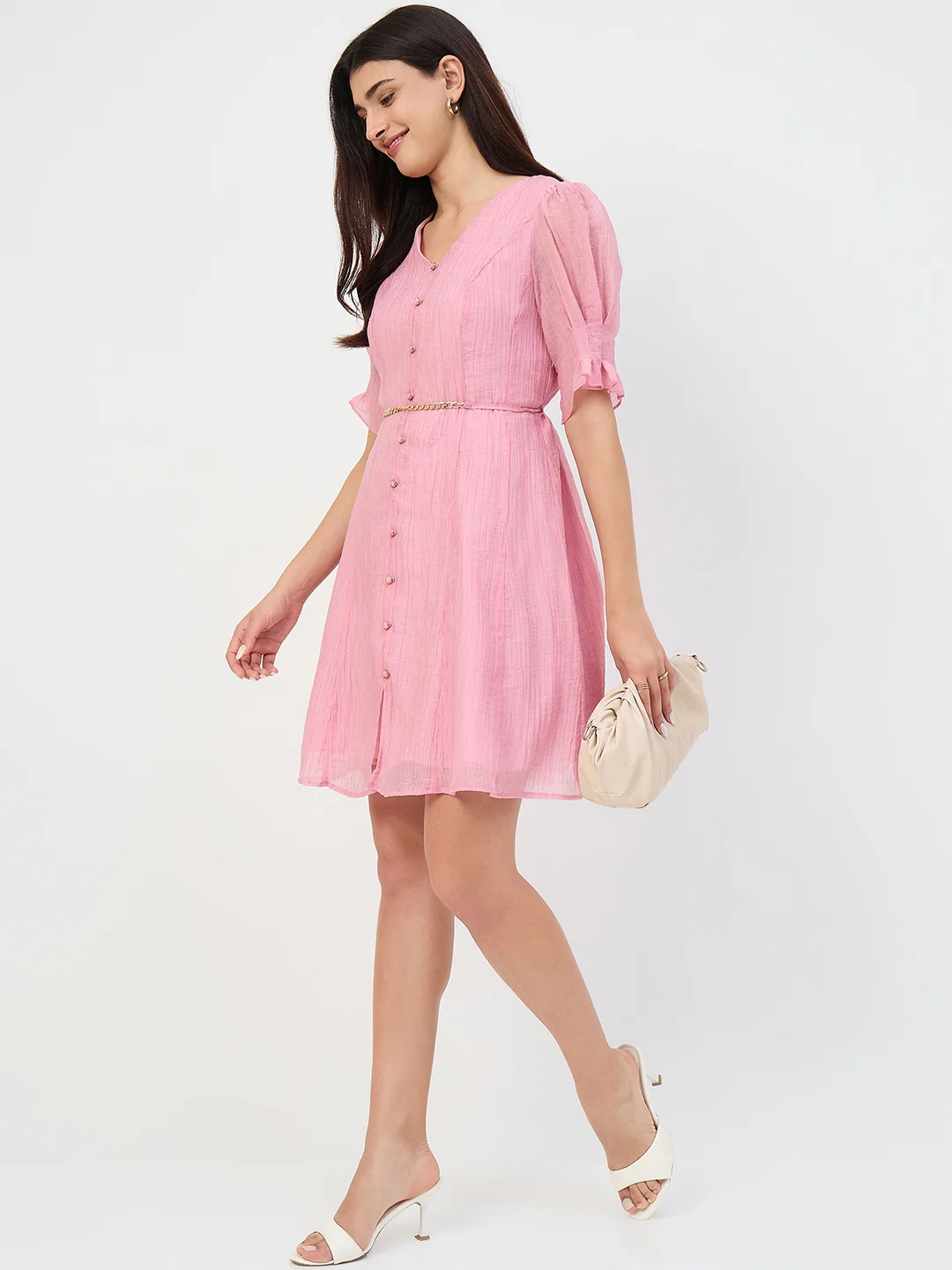 Madame Pink V-Neck Fit and Flare Lyocell Dress with Chain Belt - Image 3