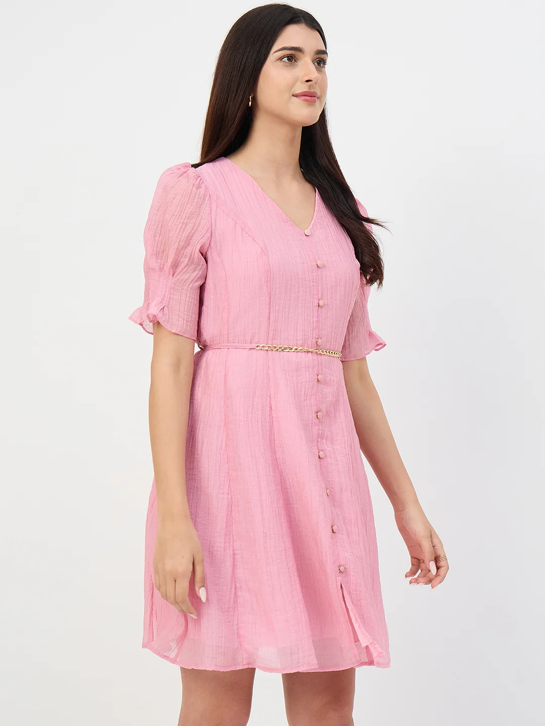Madame Pink V-Neck Fit and Flare Lyocell Dress with Chain Belt - Image 4